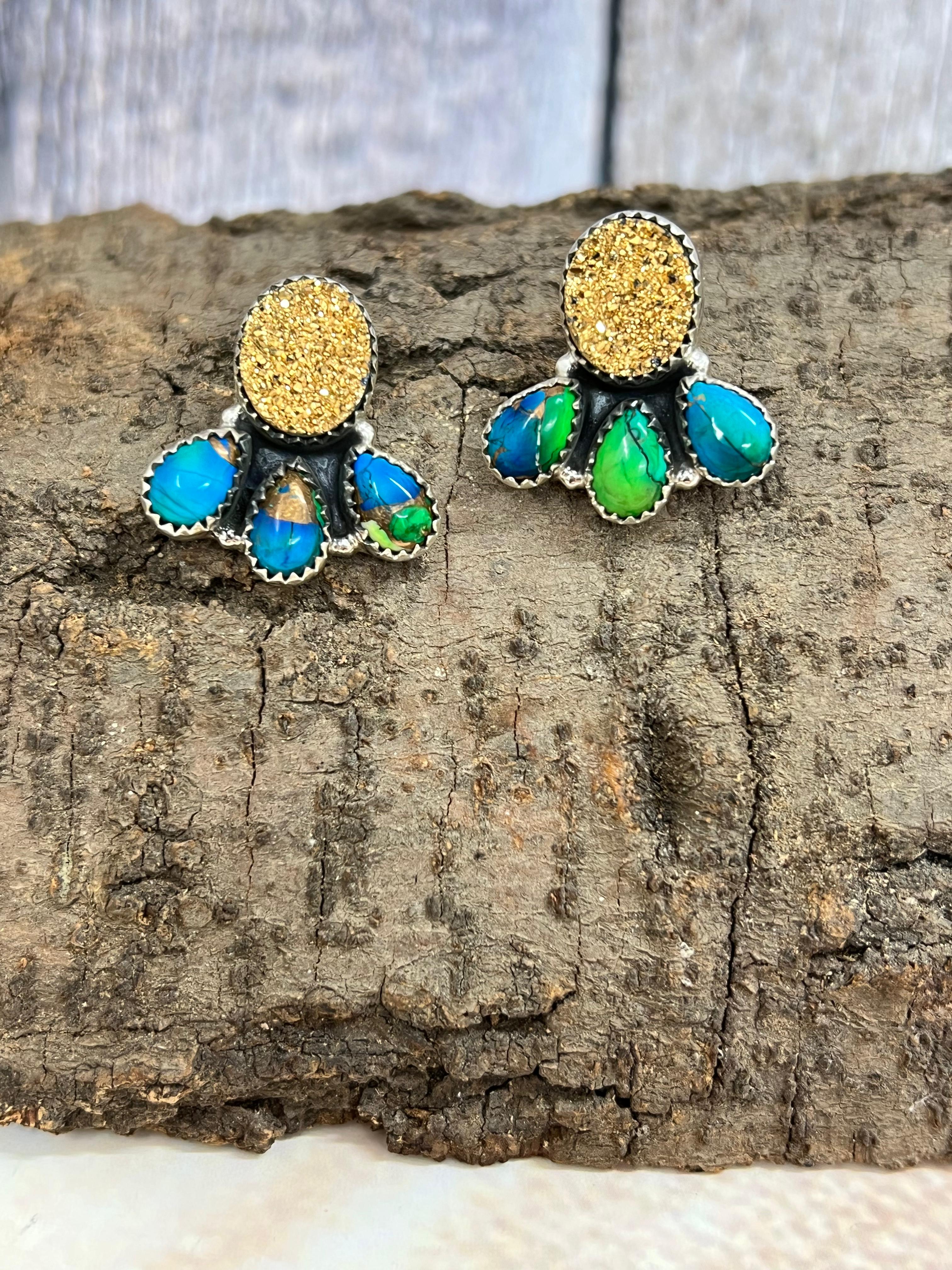 Handmade Sterling Silver Peacock Dahlia with Druzy Studs with Signed Nizhoni