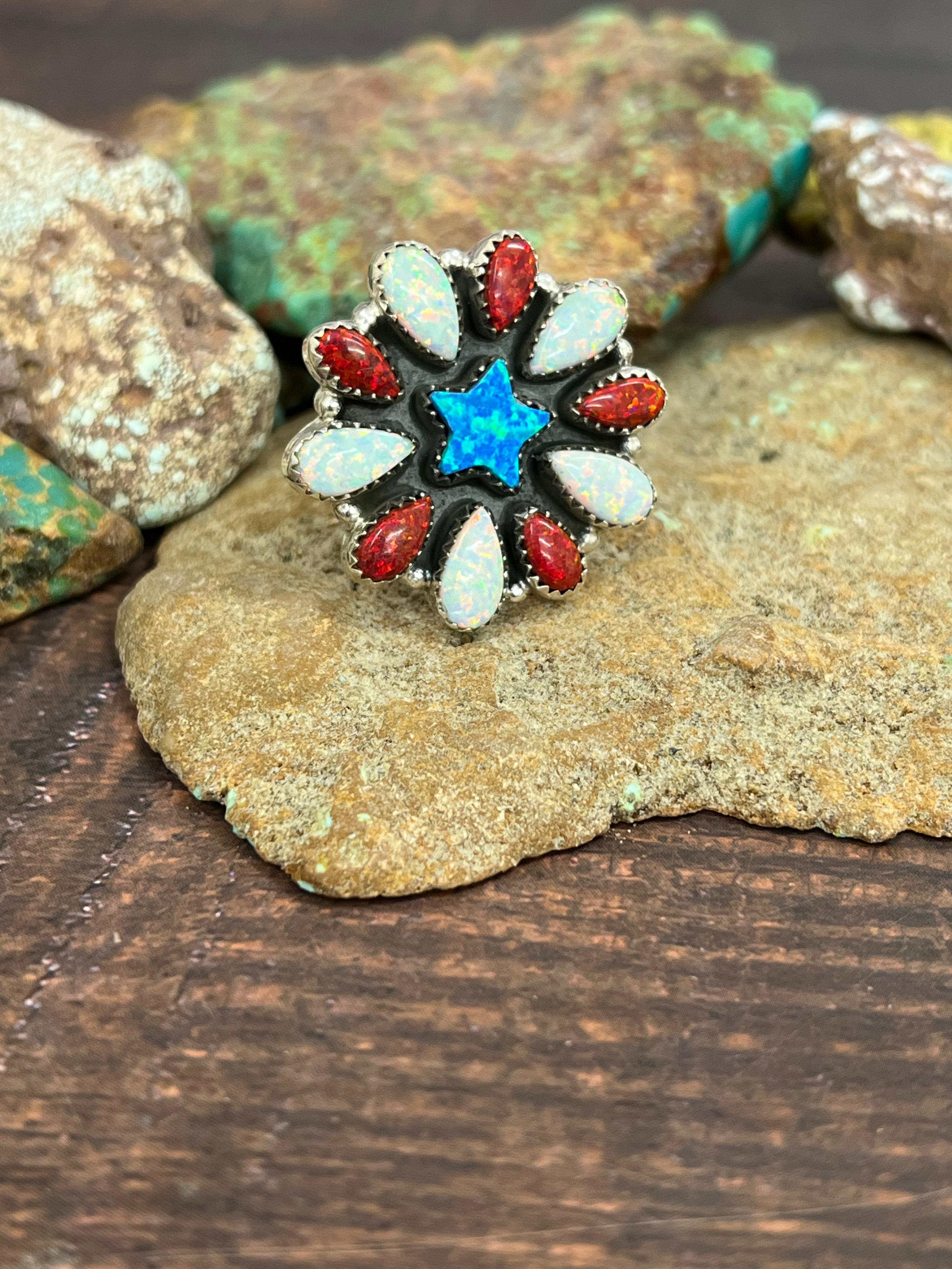 ** 4TH OF JULY ** Handmade Sterling Silver Synthetic Opal Adjustable Ring with Signed Nizhoni