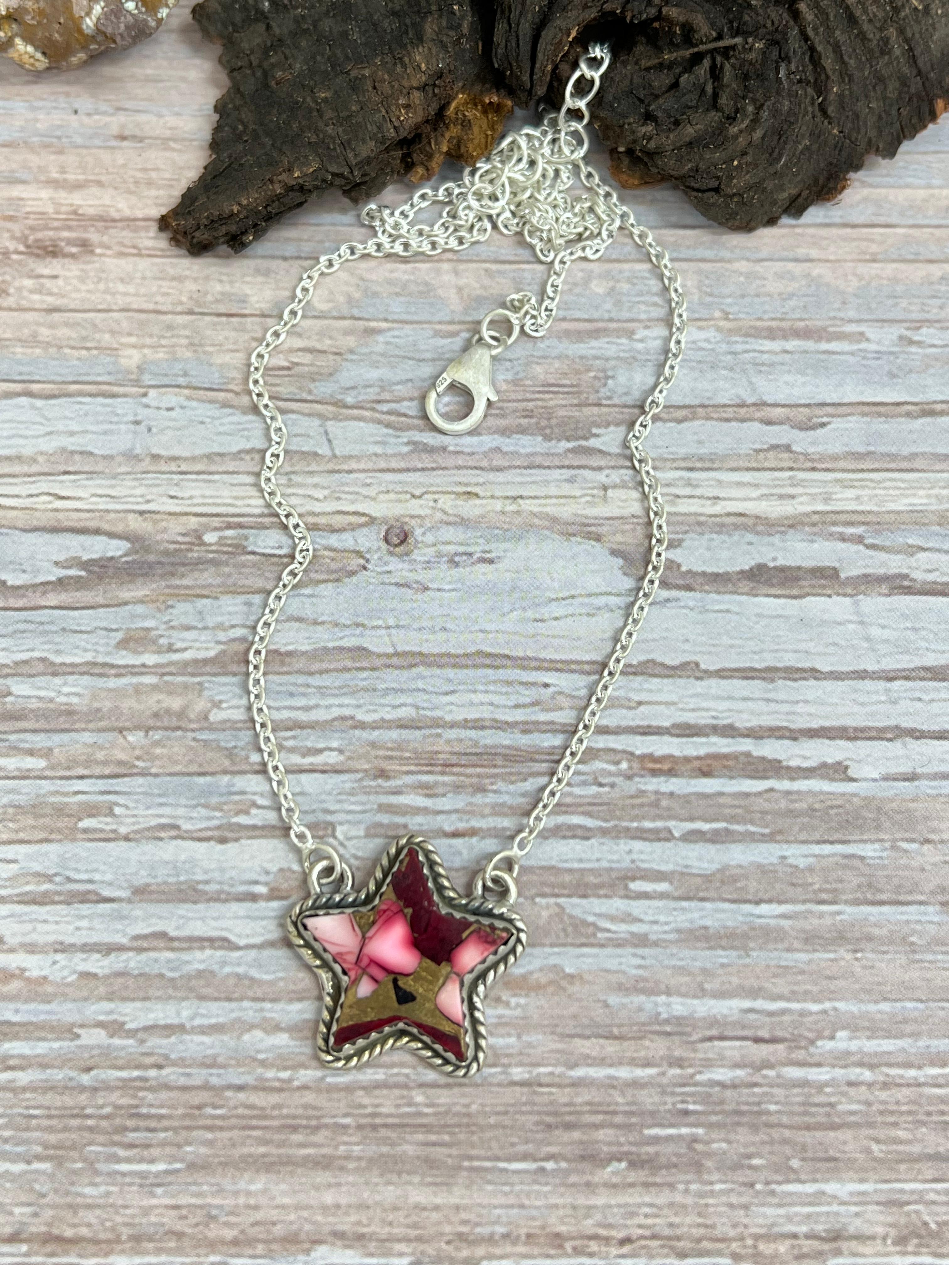 Handmade Sterling Silver Dahlia Rose Star Necklace with Signed Nizhoni