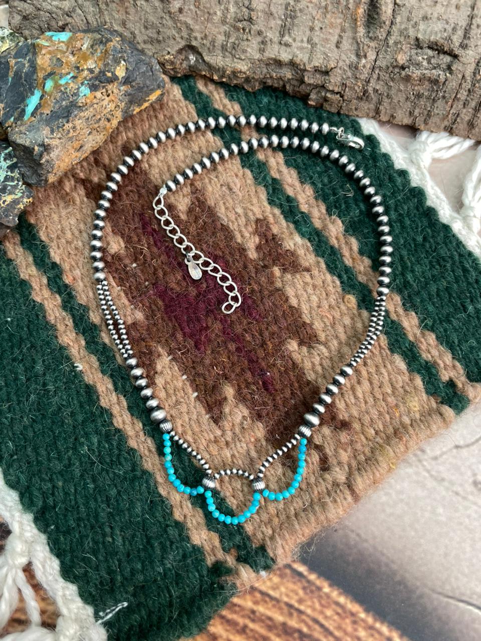 Handmade Sterling Silver Kingman Turquoise Beaded Necklace "Signed Nizhoni"