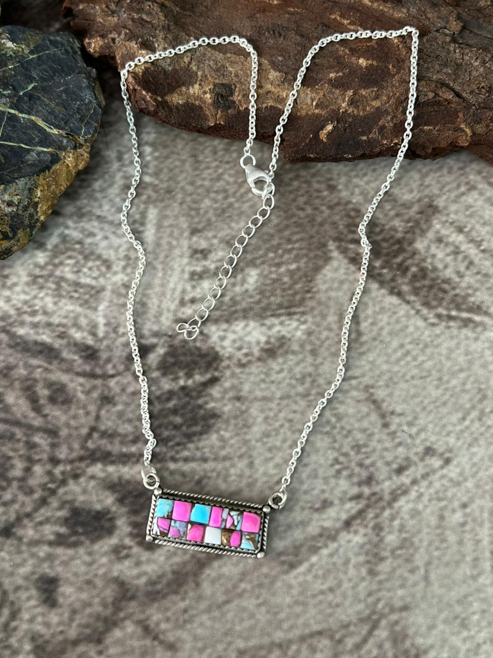 Handmade Sterling Silver Cotton Candy Cobble Stone Bar Necklace "Signed Nizhoni"