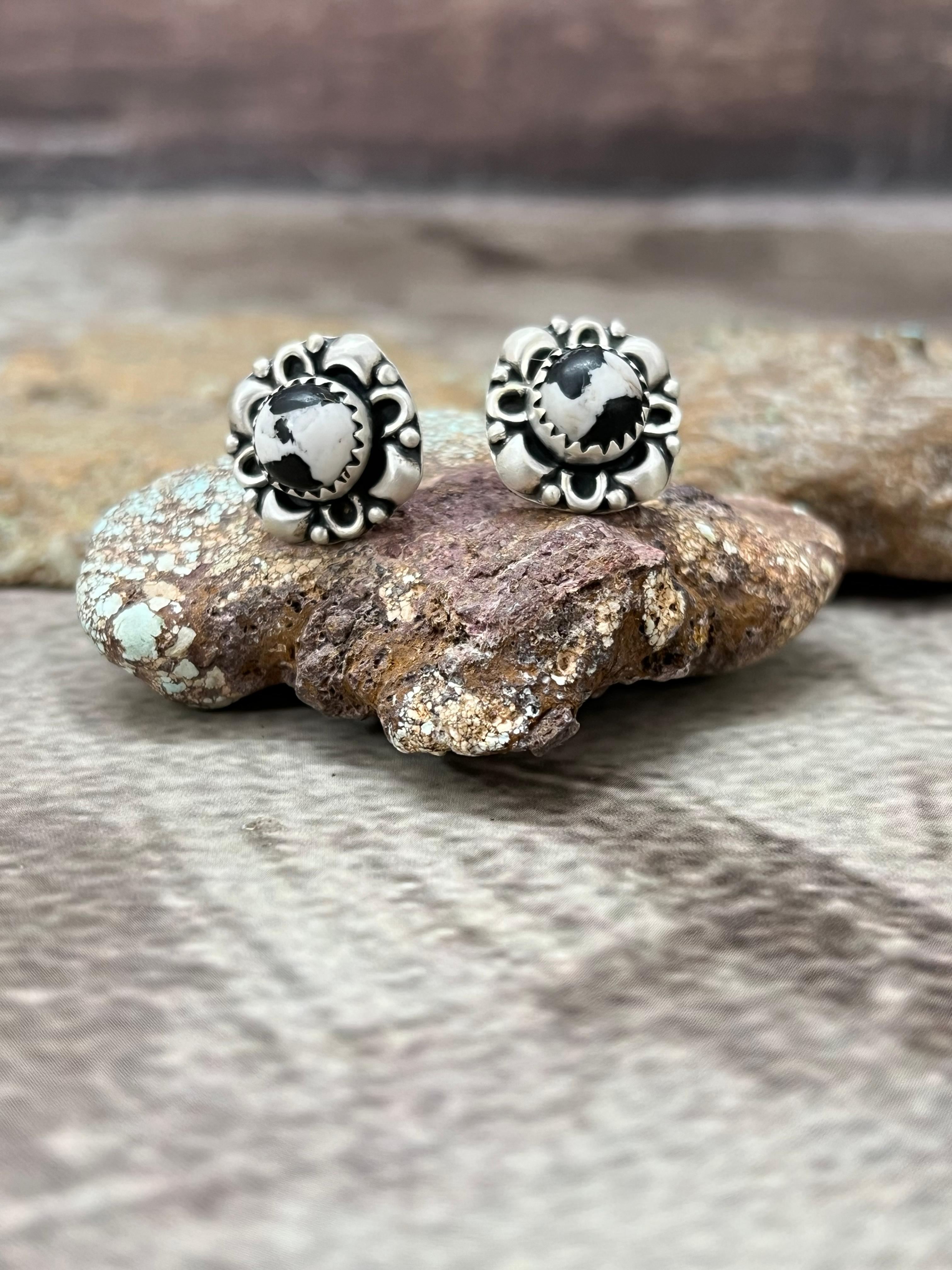 Handmade Sterling Silver White Buffalo Post Studs with Signed Nizhoni