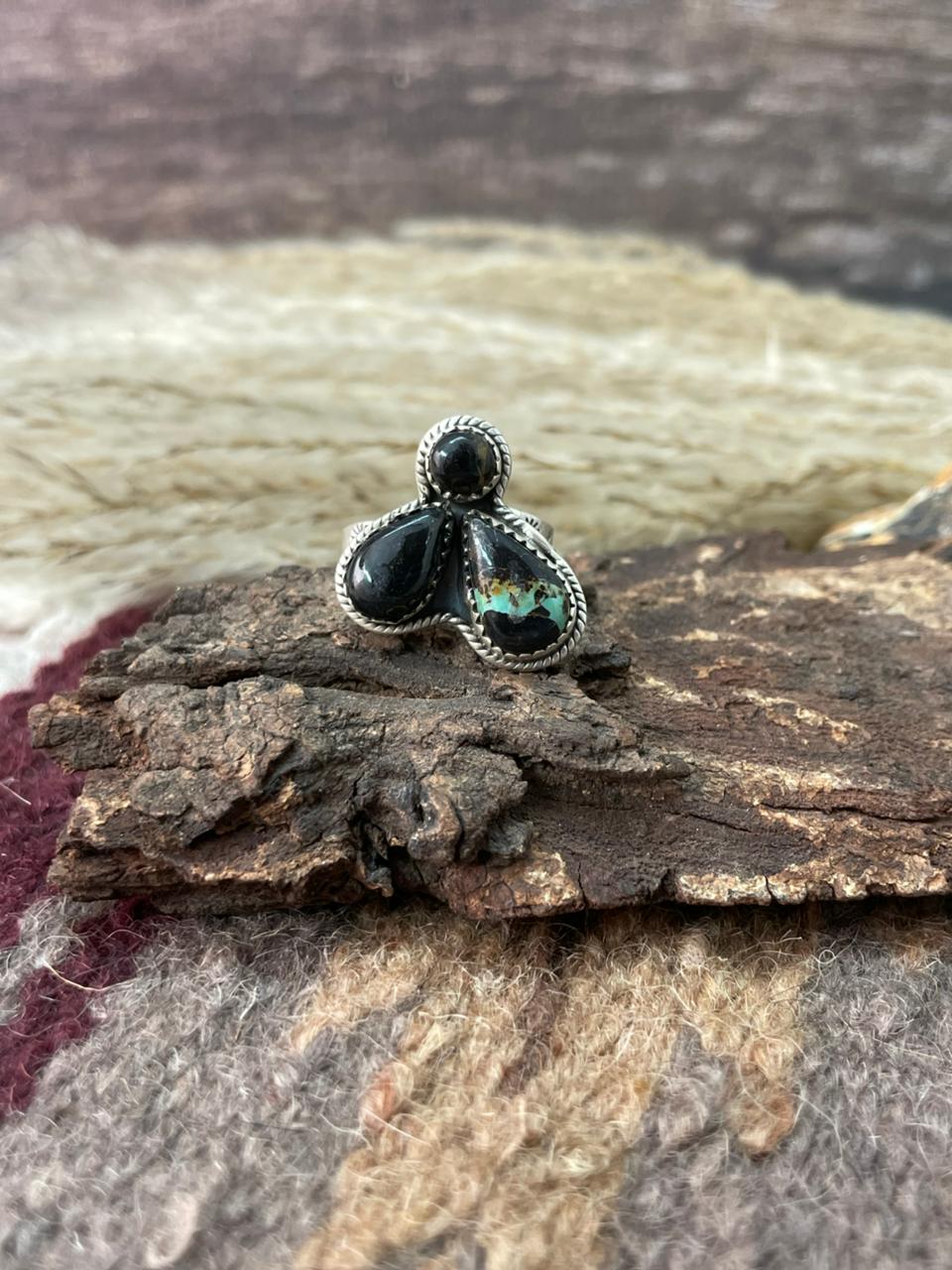 Handmade Sterling Silver Blackjack Turquoise Adjustable Ring "Signed Nizhoni"