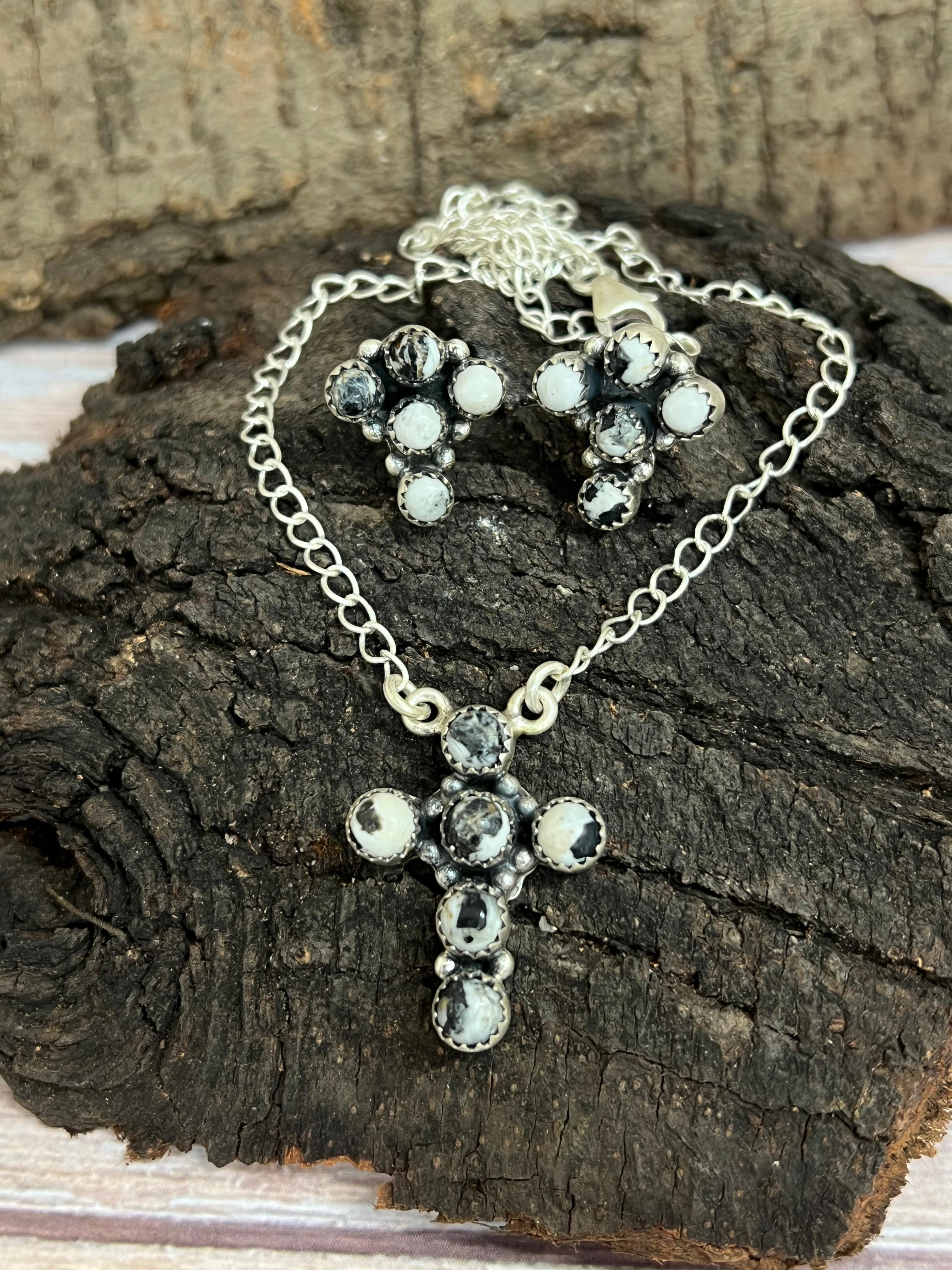 Handmade Sterling Silver White Buffalo Cross Necklace & Earrings Set Signed Nizhoni