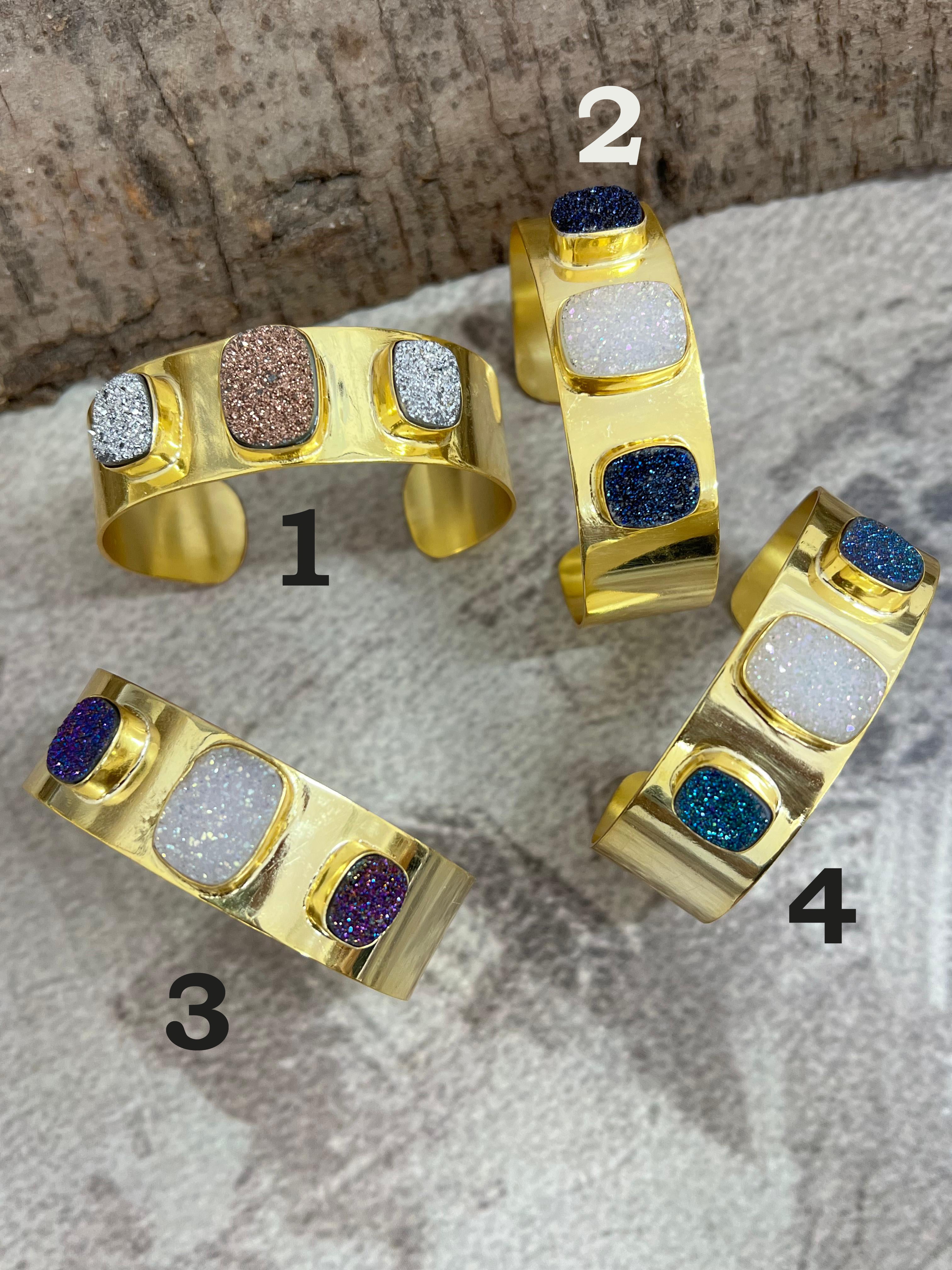 “The Boho Collection” Handmade Natural Gold Plated 3 Stone Druzy Cuff Bracelet