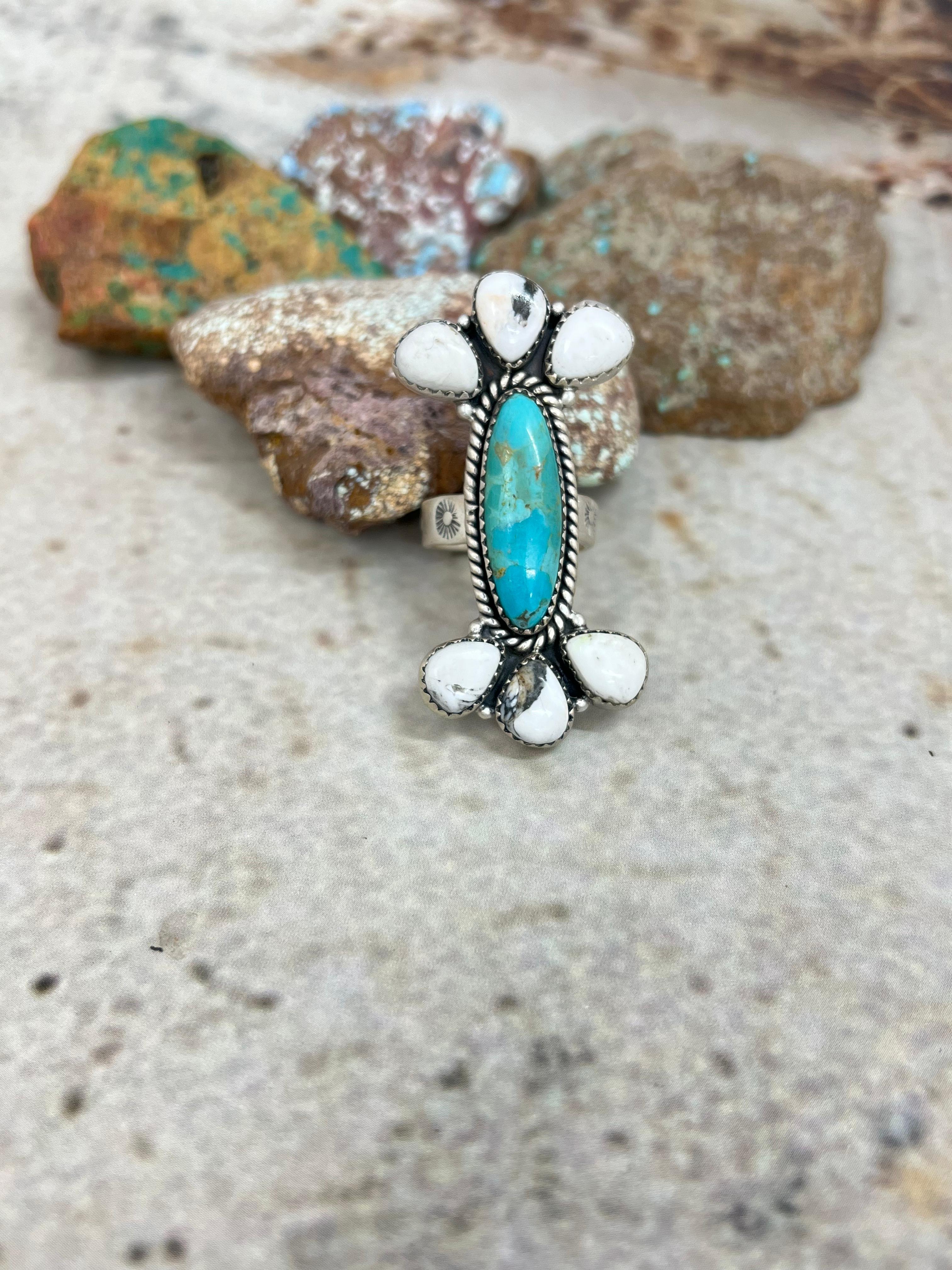 Handmade Sterling Silver White Buffalo with Kingman Turquoise Adjustable Ring with Signed Nizhoni