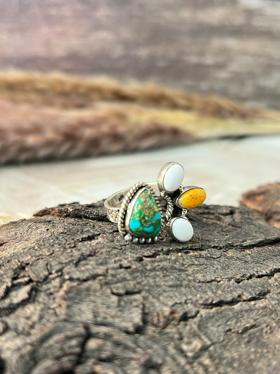 Handmade Sterling Silver Sonoran Mountain Turquoise with Bumblebee and White Buffalo Spring Collection: Adjustable Ring Signed Nizhoni