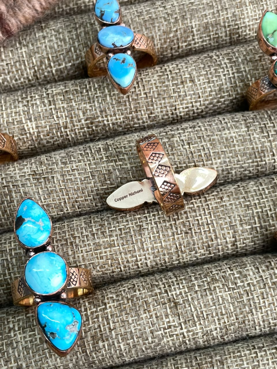 Handmade Royston, Paloma, Palomino, Sierra Bella, Sonoran Mountain and Golden Hills Turquoise Copper Collection: Adjustable Ring Signed Nizhoni