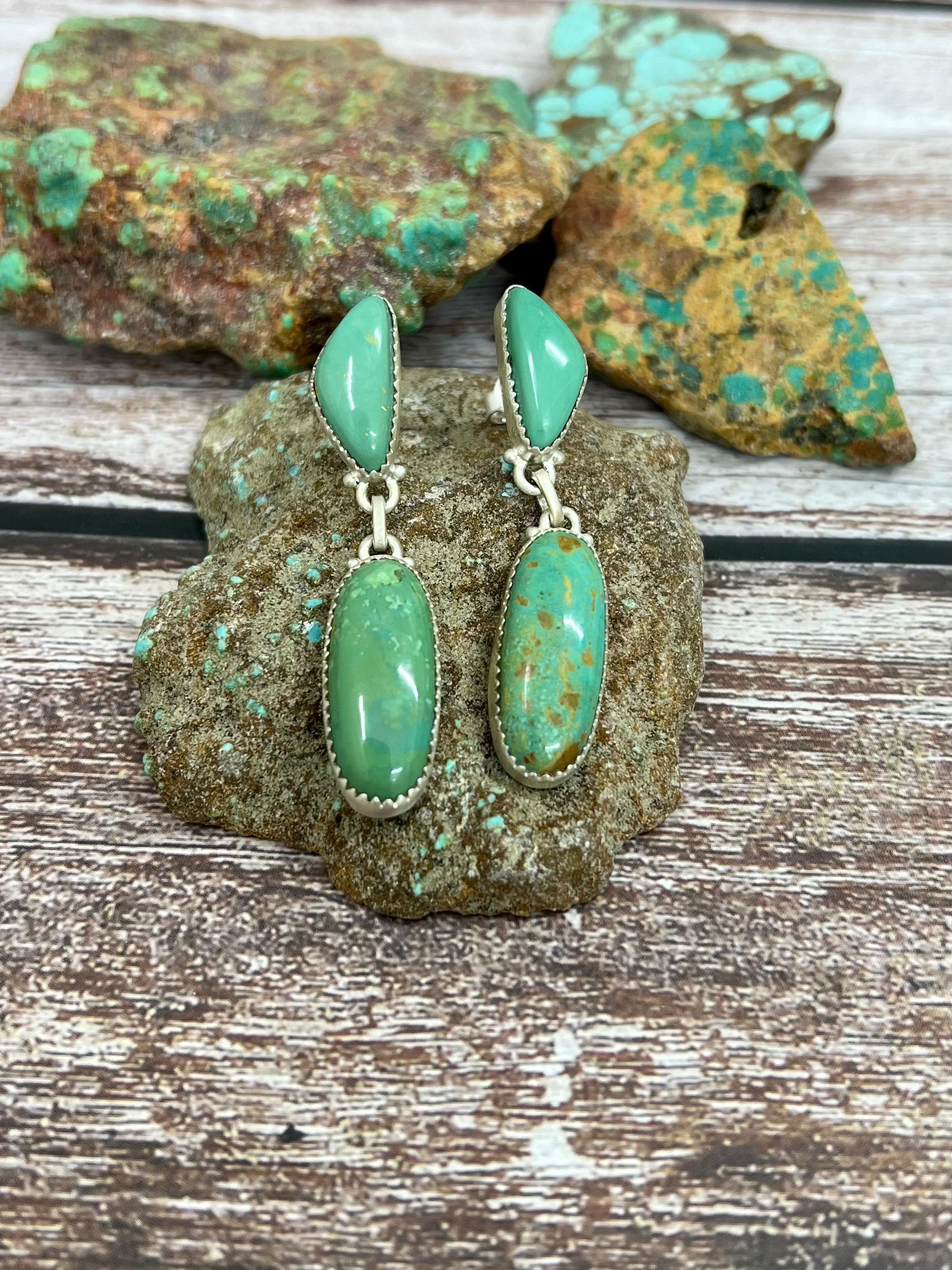 Handmade Sterling Silver Royston Turquoise Dangle Earrings with Signed Nizhoni