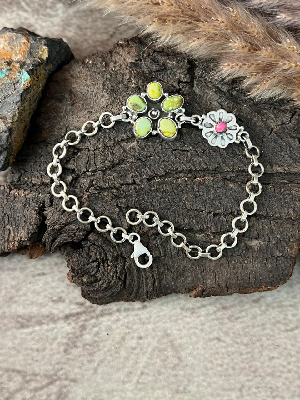 Handmade Sterling Silver Palomino Turquoise with Cotton Candy Chain Bracelet Signed Nizhoni