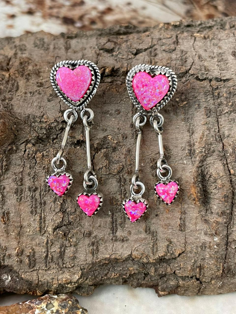 "Heart Collection" Handmade Sterling Silver Hot Pink Post Dangle Earrings "Signed Nizhoni"