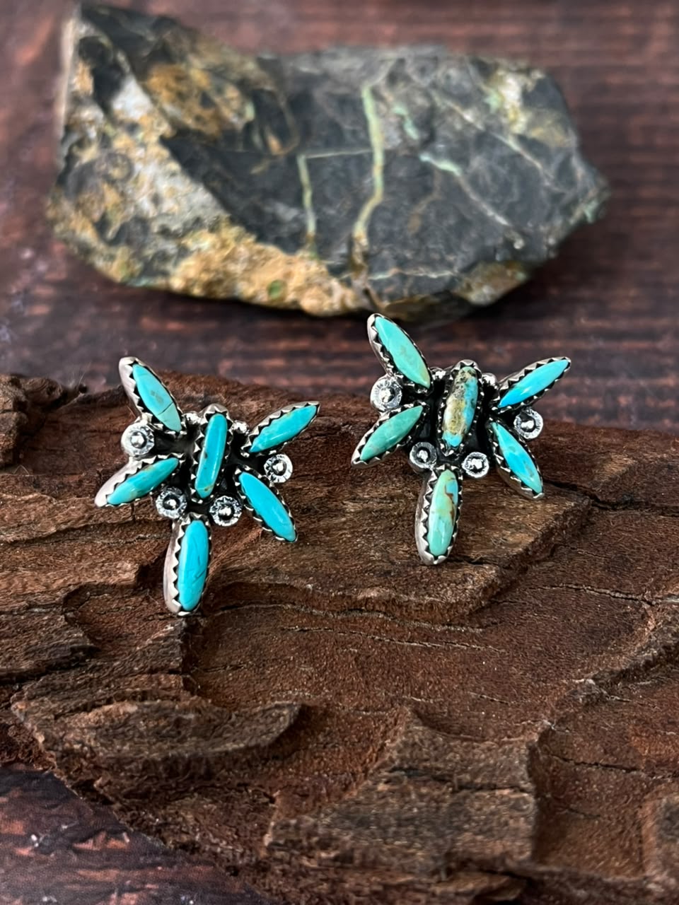 Handmade Sterling Silver Kingman Turquoise Post Studs Earrings Signed Nizhoni