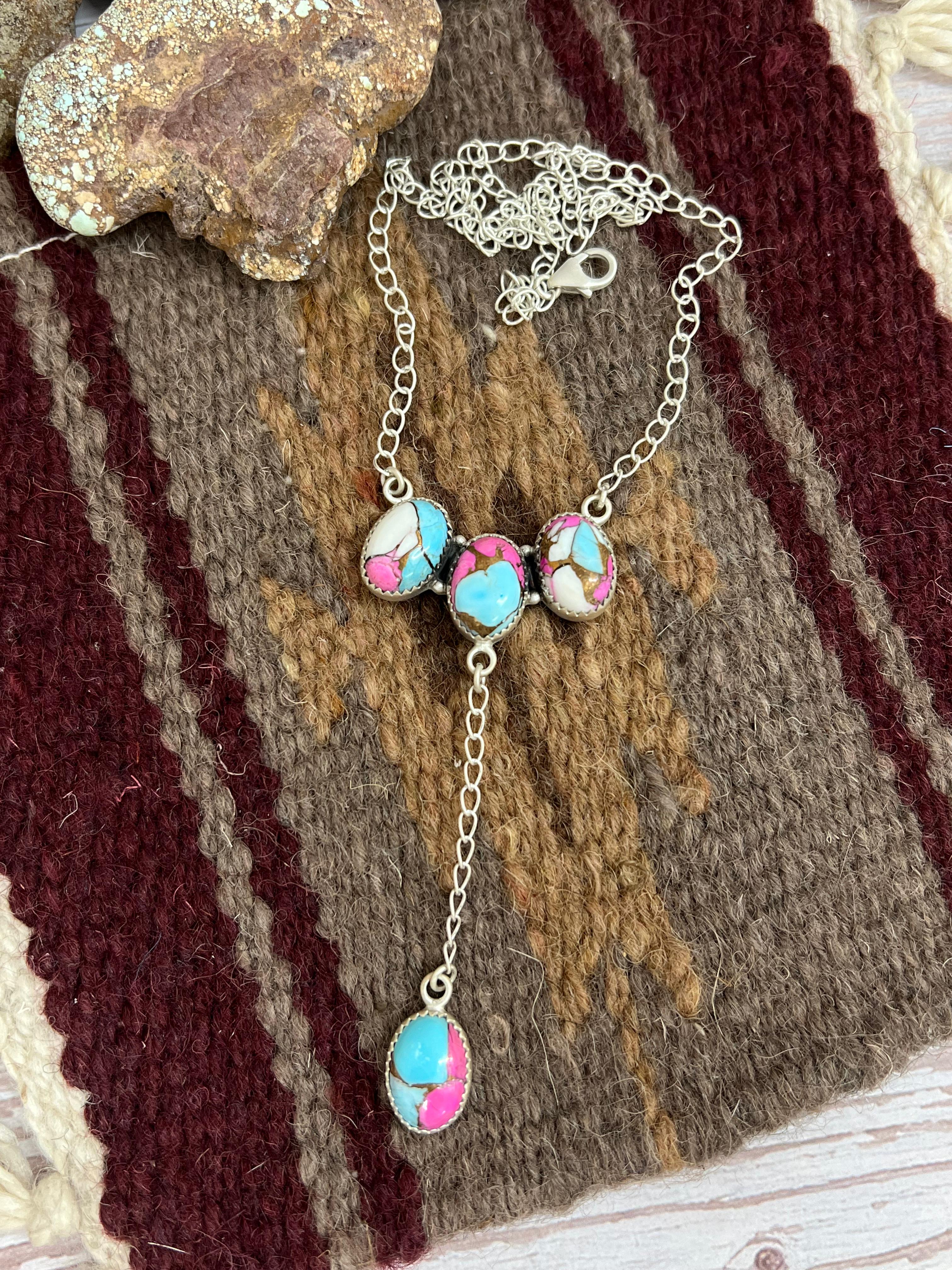 Handmade Sterling Silver Cotton Candy Turquoise Necklace with Signed Nizhoni
