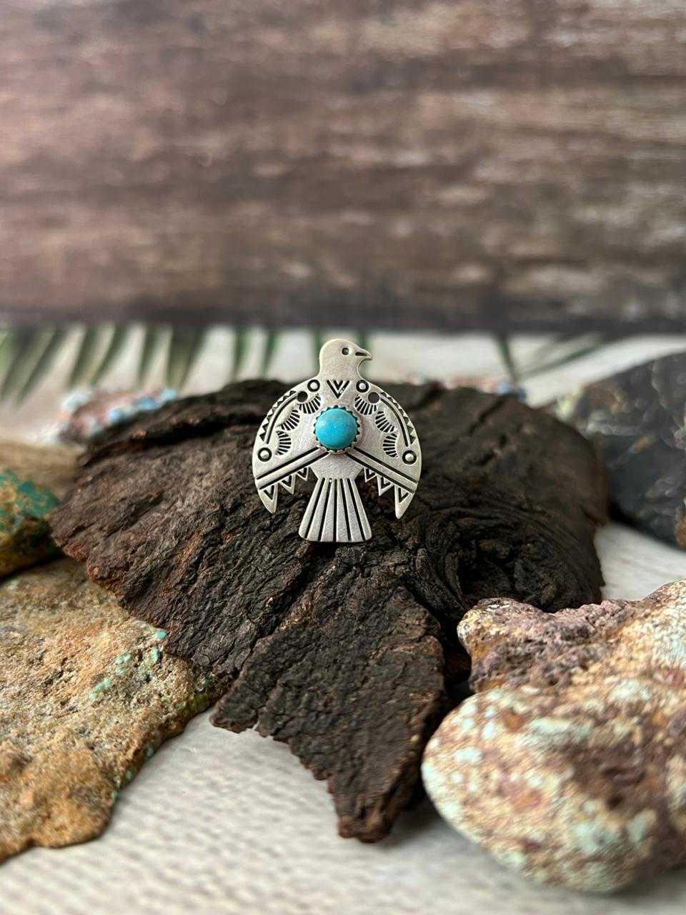 Handmade Sterling Silver Kingman Turquoise Thunder Bird Adjustable Ring "Signed Nizhoni"