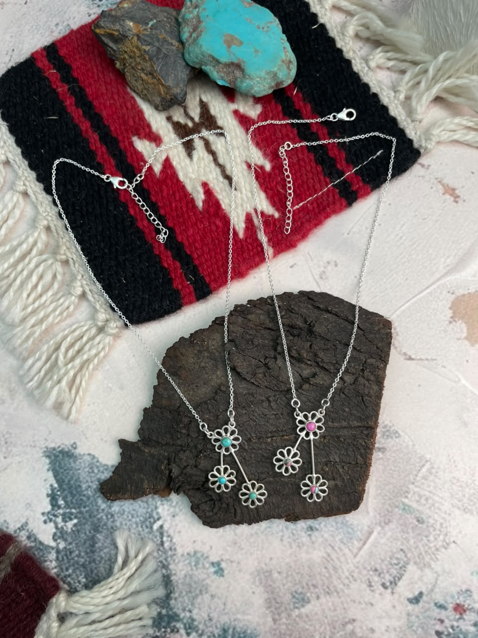 Handmade Sterling Silver Cotton Candy and Kingman Turquoise Flower Collection: Necklace
