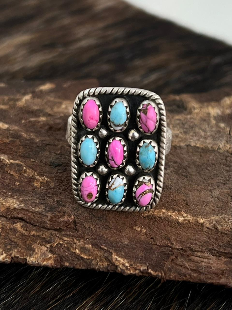 Handmade Sterling Silver Cotton Candy Turquoise Adjustable Ring "Signed Nizhoni"