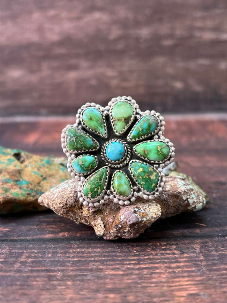 Handmade Sterling Silver Sonoran Mountain Turquoise with White Water Turquoise Adjustable Rings "Signed Nizhoni"
