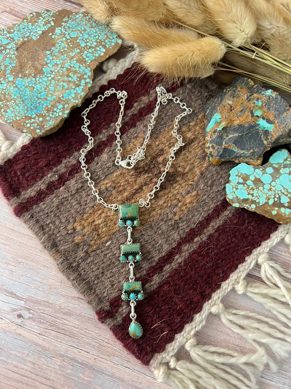 Handmade Sterling Silver Kingman Turquoise Drop Necklace "Signed Nizhoni"