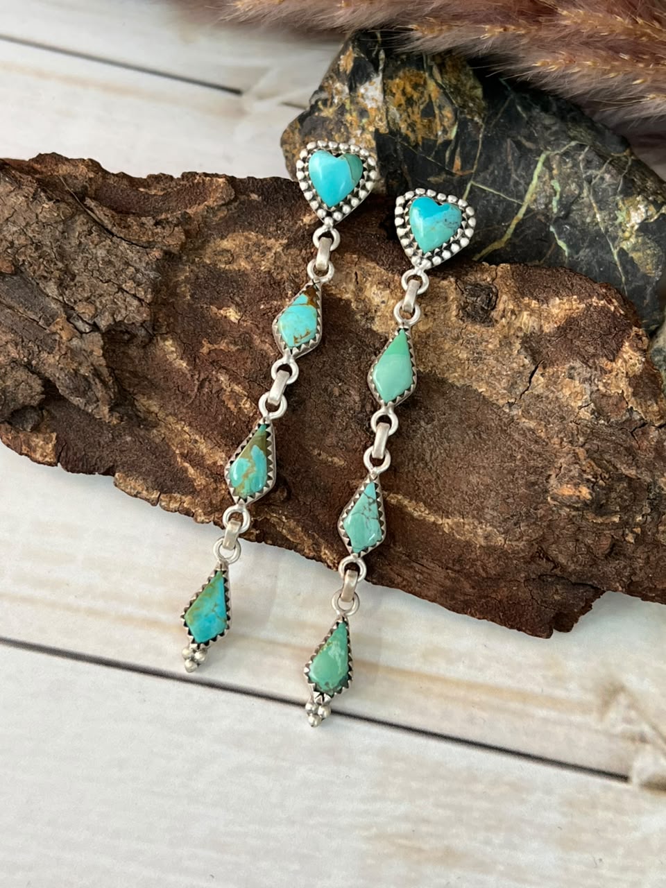 Handmade Sterling Silver Kingman Turquoise Post Dangle Heart Earrings Signed Nizhoni