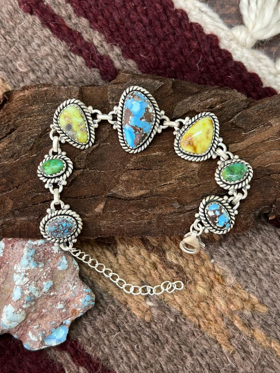 Handmade Sterling Silver Palomino with Golden Hills and Sonoran Turquoise Chain Bracelet "Signed Nizhoni"