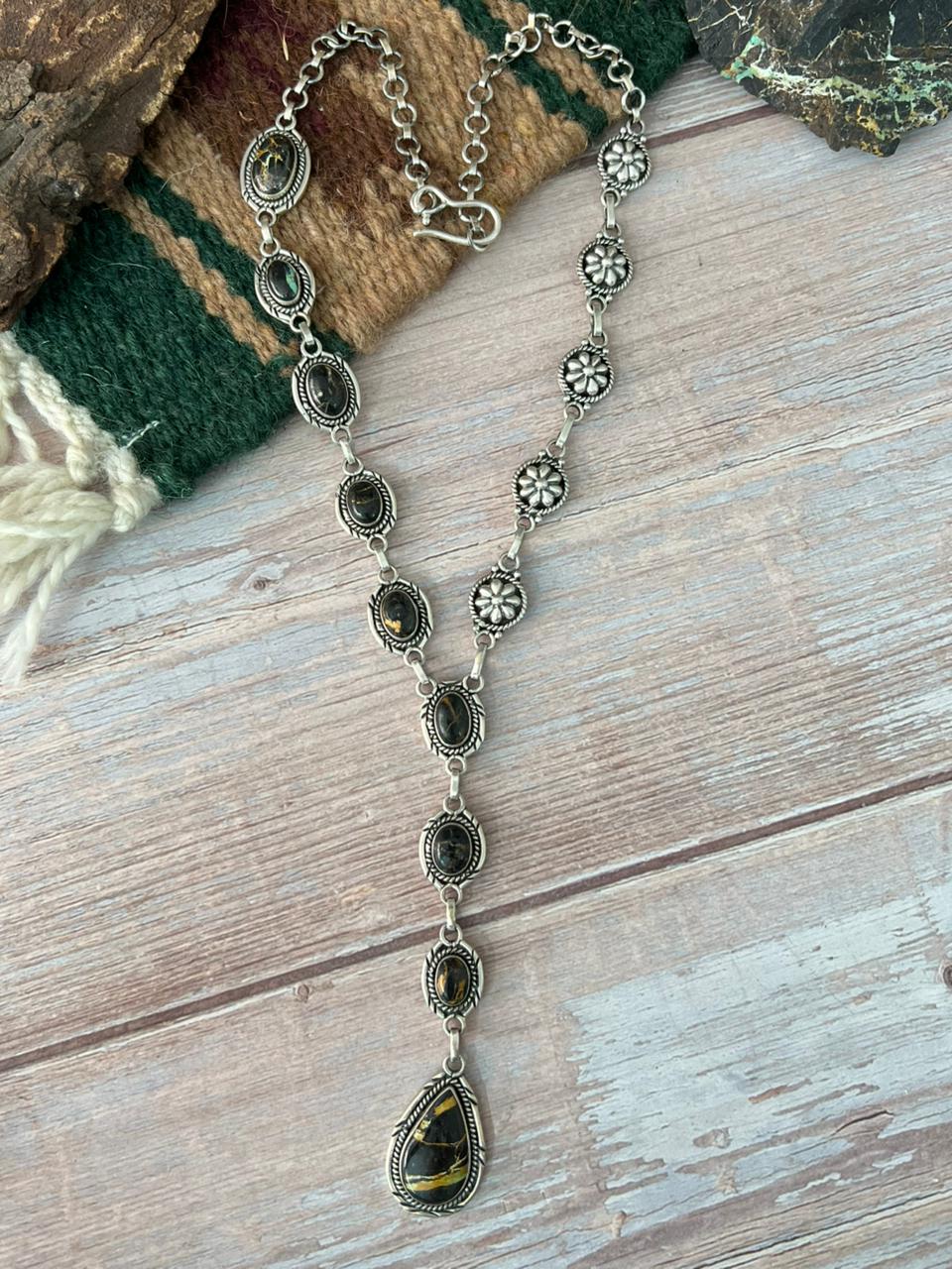 Handmade Sterling Silver Blackjack Turquoise Necklace "Signed Nizhoni"