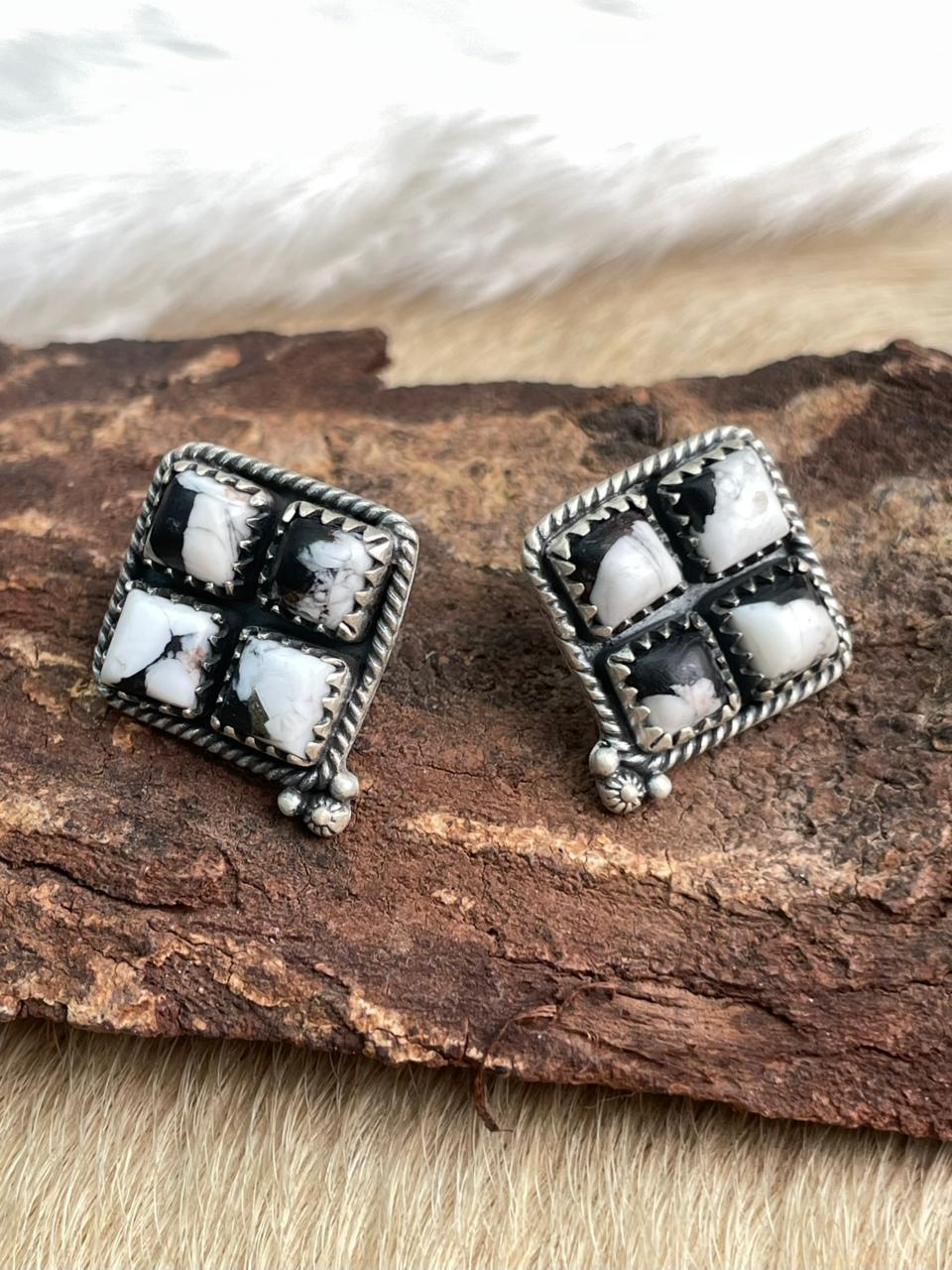 Handmade Sterling Silver White Buffalo Post Studs Earrings "Signed Nizhoni"
