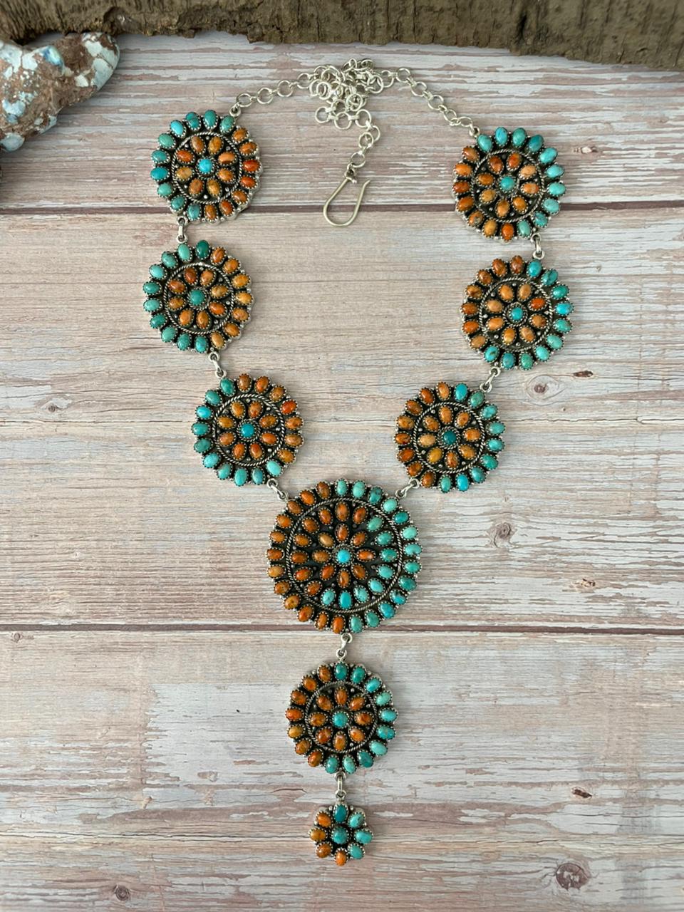 Handmade Sterling Silver Orange Mojave with Kingman Turquoise Necklace "Signed Nizhoni"