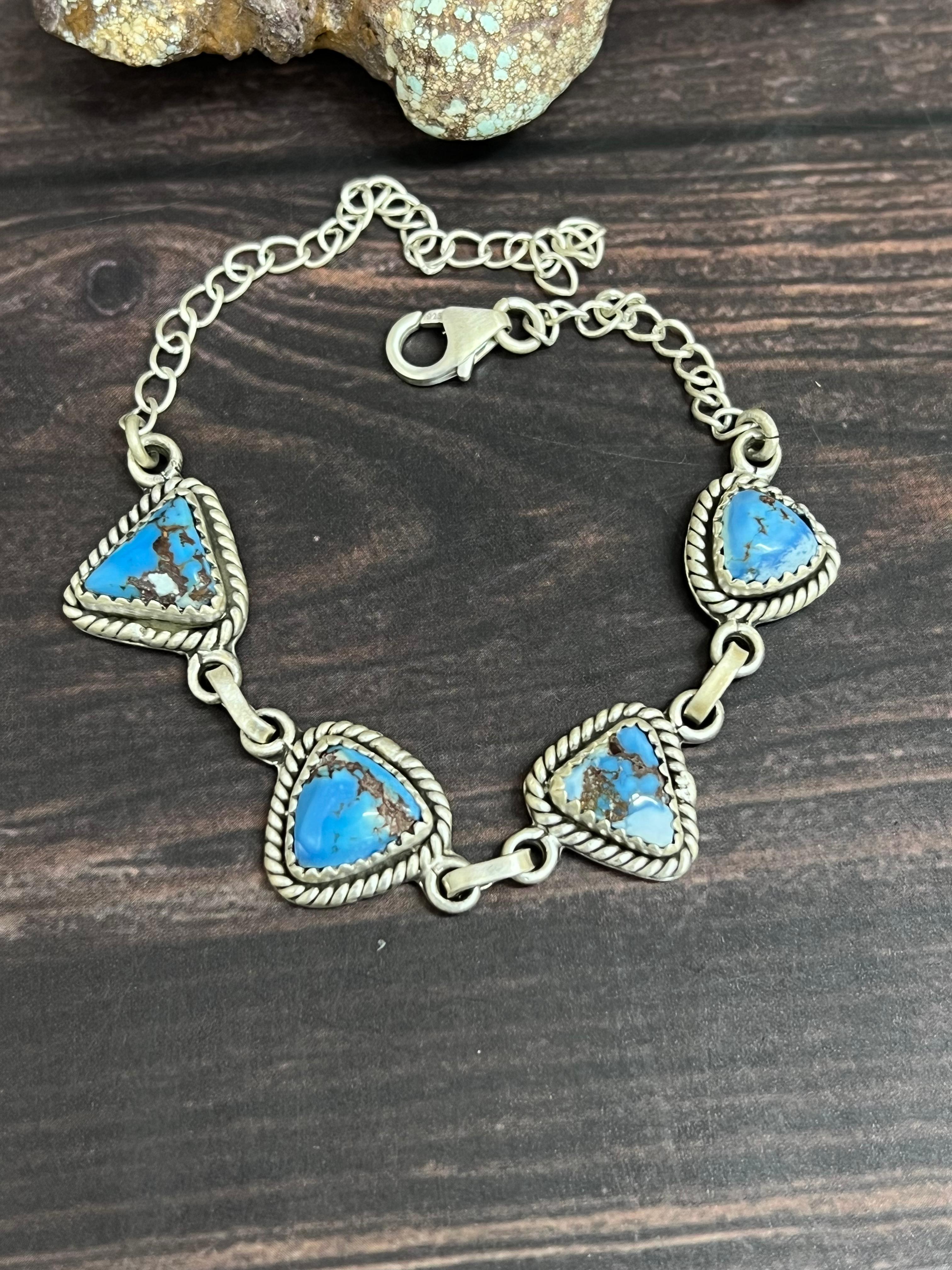 Handmade Sterling Silver Golden Hills Turquoise Chain Bracelet with Signed Nizhoni