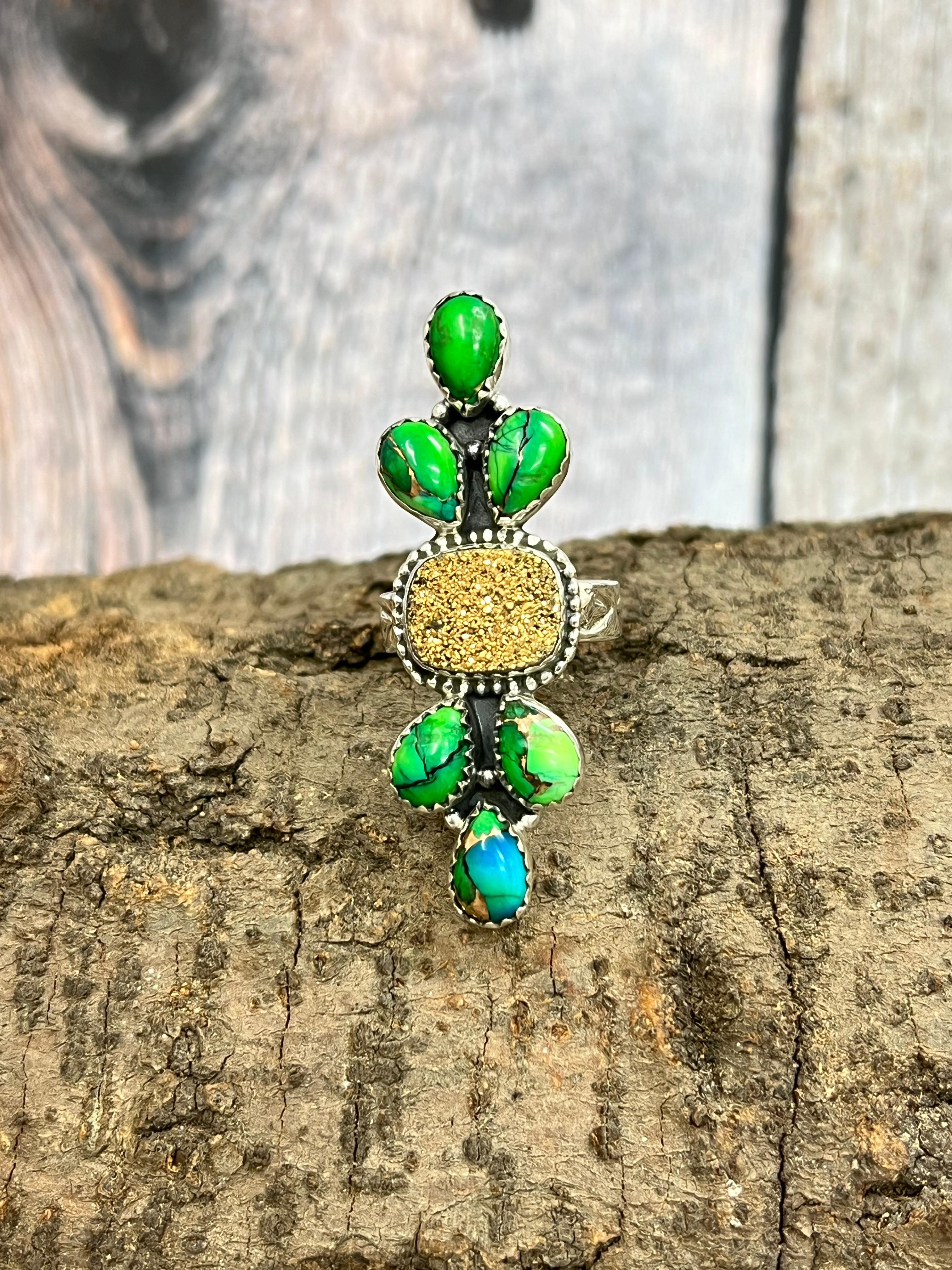 Handmade Sterling Silver Peacock Dahlia with Druzy Adjustable Ring with Signed Nizhoni