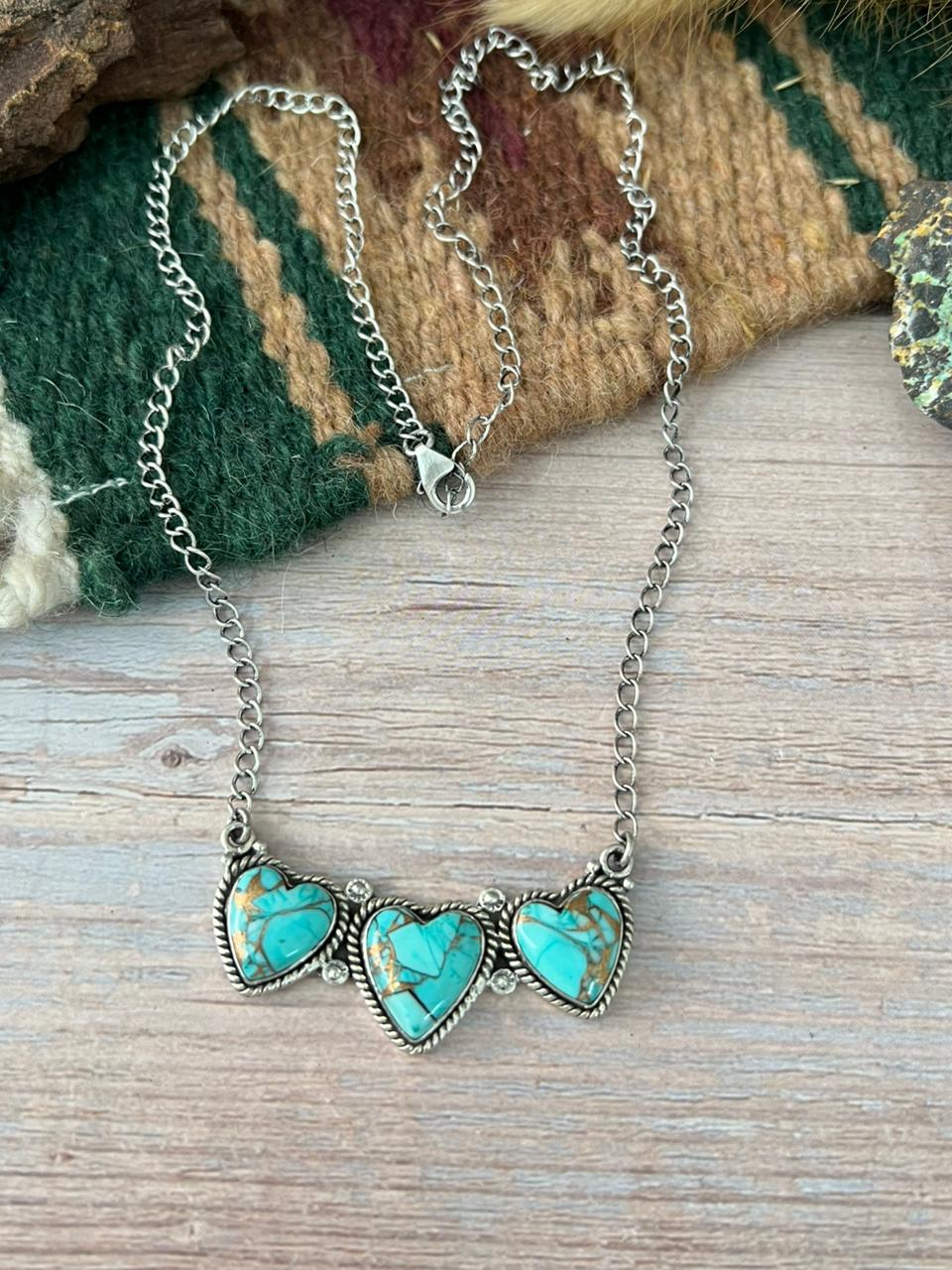 Handmade Sterling Silver Mint Dahlia Collection: Heart Necklace "Signed Nizhoni"