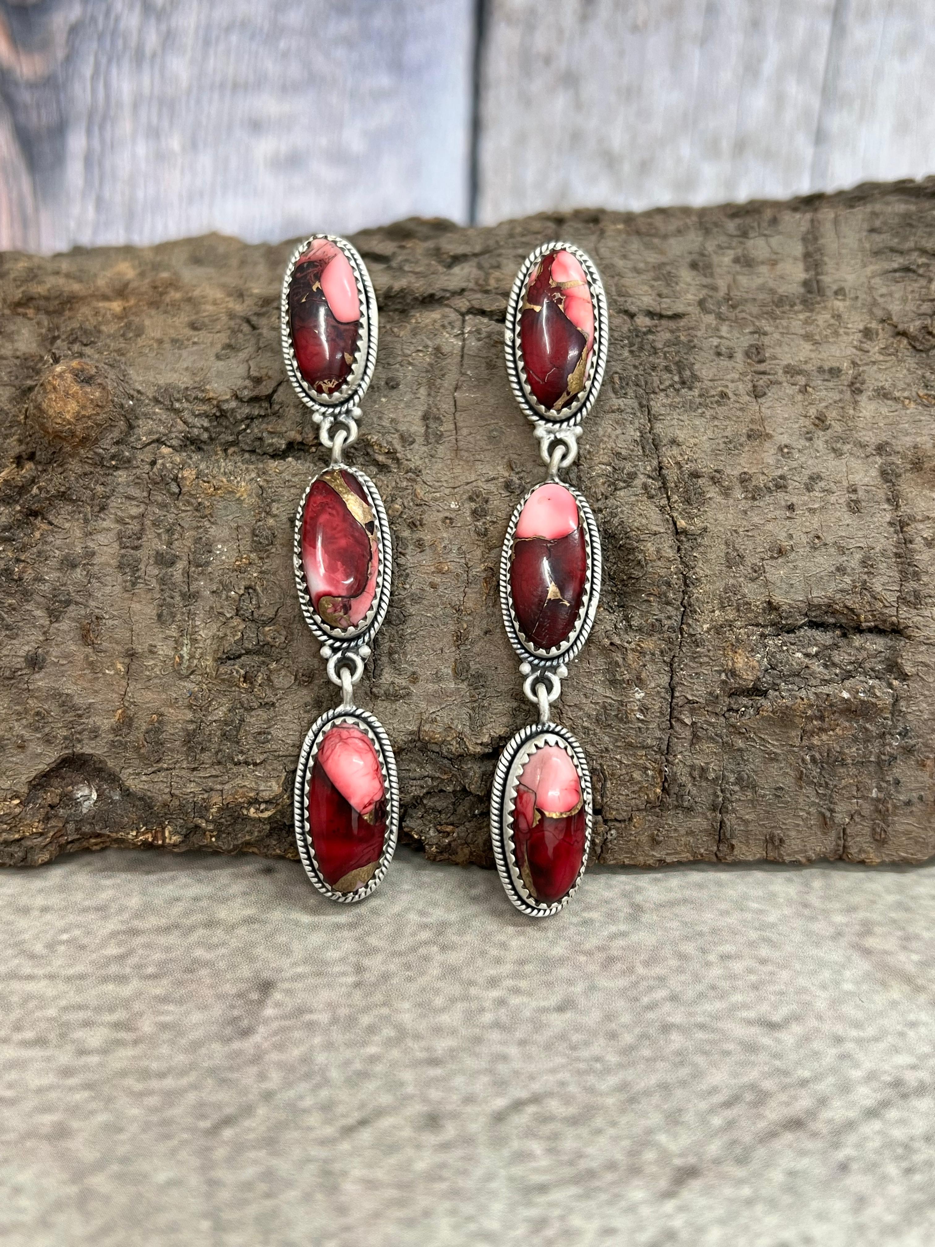 Handmade Sterling Silver Dahlia Rose Post Dangle Earrings with Signed Nizhoni