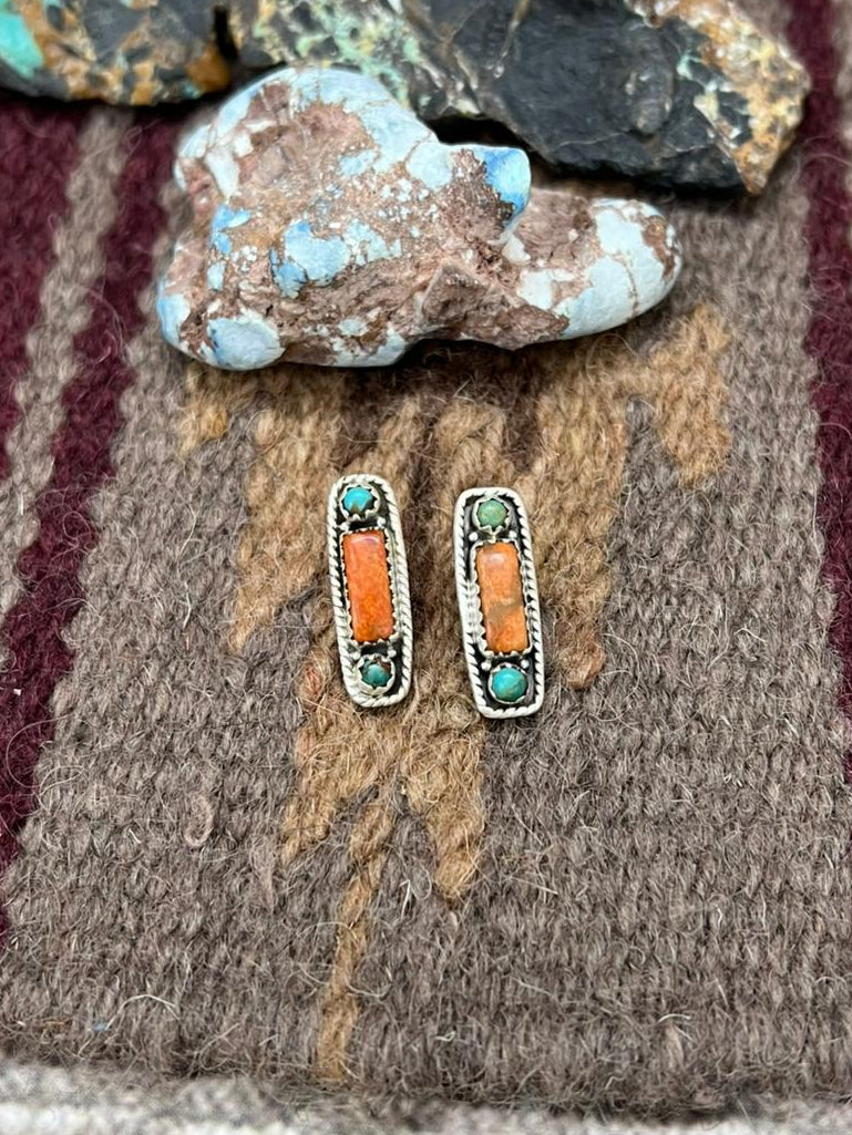 Handmade Sterling Silver Kingman with Orange Mohave Post Studs Earrings "Signed Nizhoni"