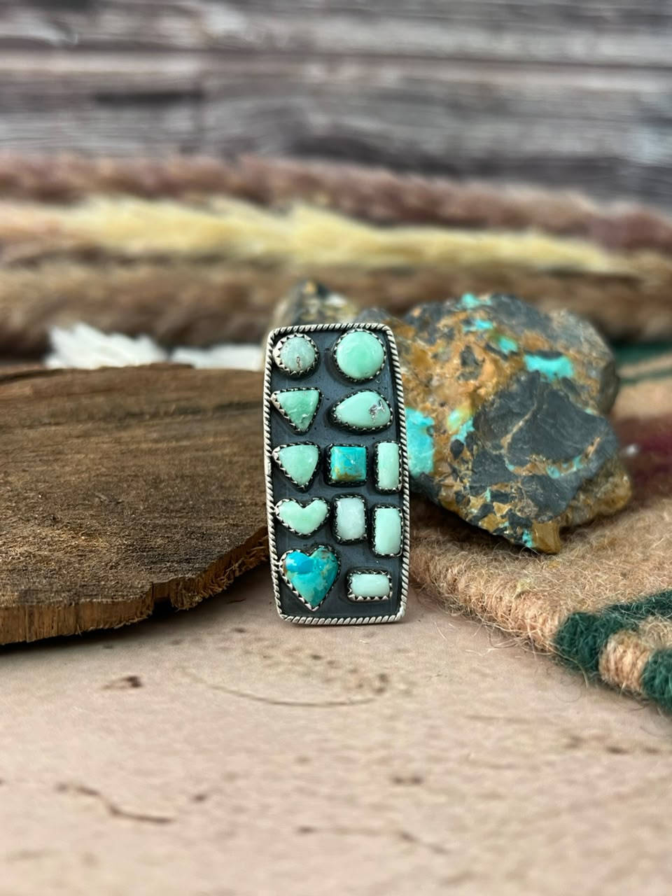 Handmade Sterling Silver Kingman with Paloma Turquoise Adjustable Ring Signed Nizhoni