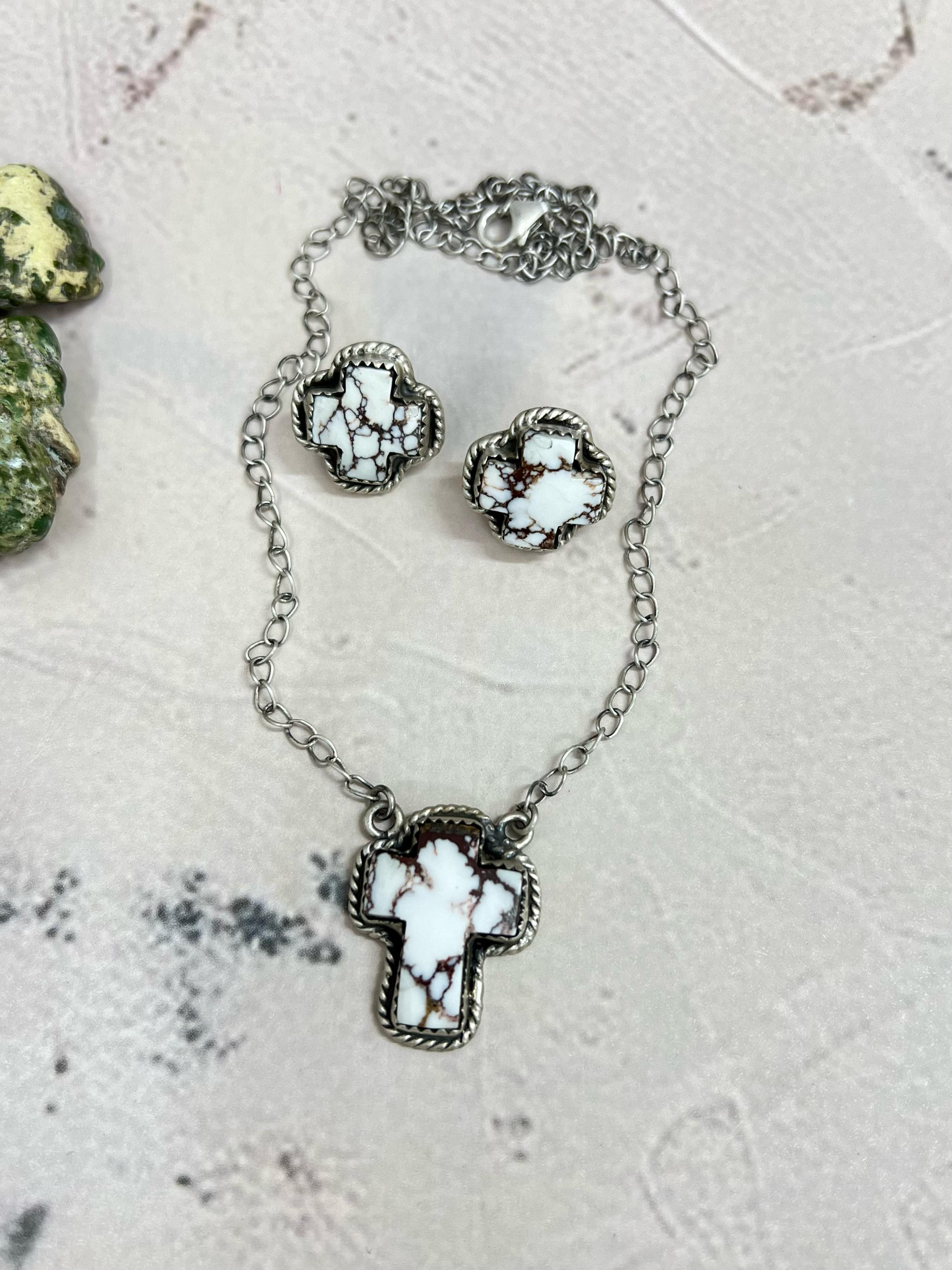 Handmade Sterling Silver Wild Horse Cross Necklace Earrings Set with Signed Nizhoni