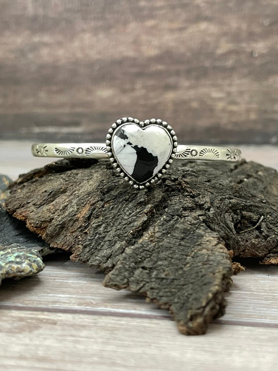 Handmade Sterling Silver White Buffalo Heart Cuff Bracelet "Signed Nizhoni"