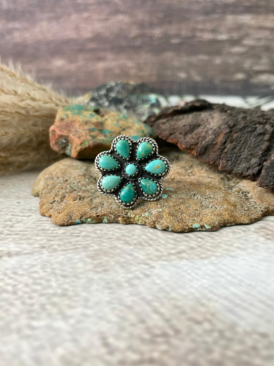 Handmade Sterling Silver Kingman Turquoise Adjustable Ring "Signed Nizhoni"