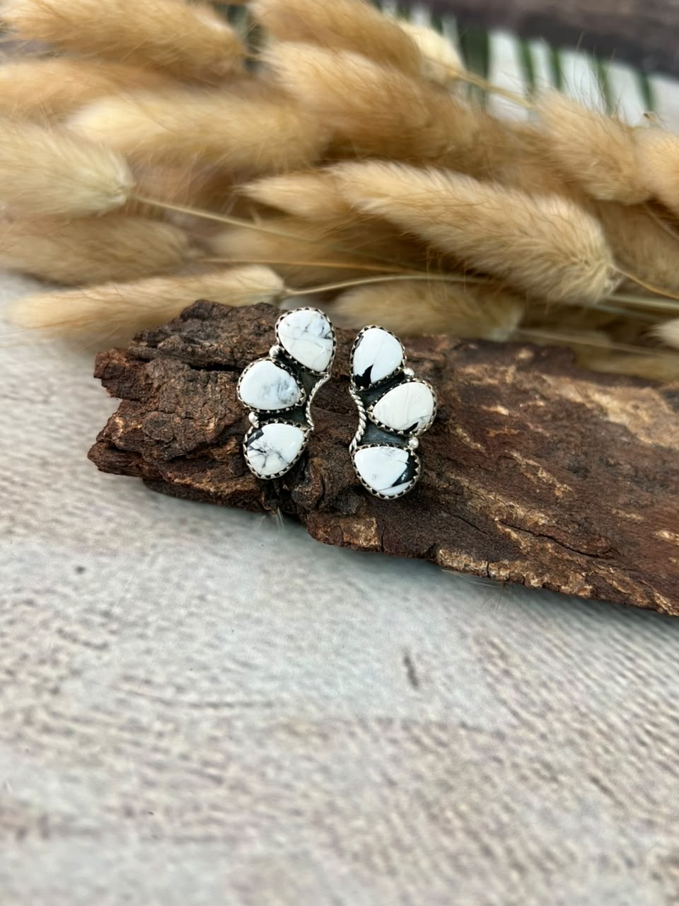 Handmade Sterling Silver White Buffalo Post Studs Earrings Signed Nizhoni
