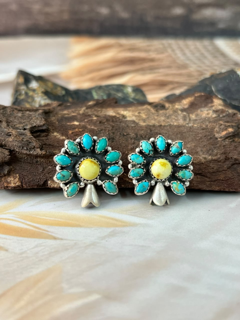 Handmade Sterling Silver Palomino with Kingman Turquoise Post Studs Squash Blossom Earrings Signed Nizhoni