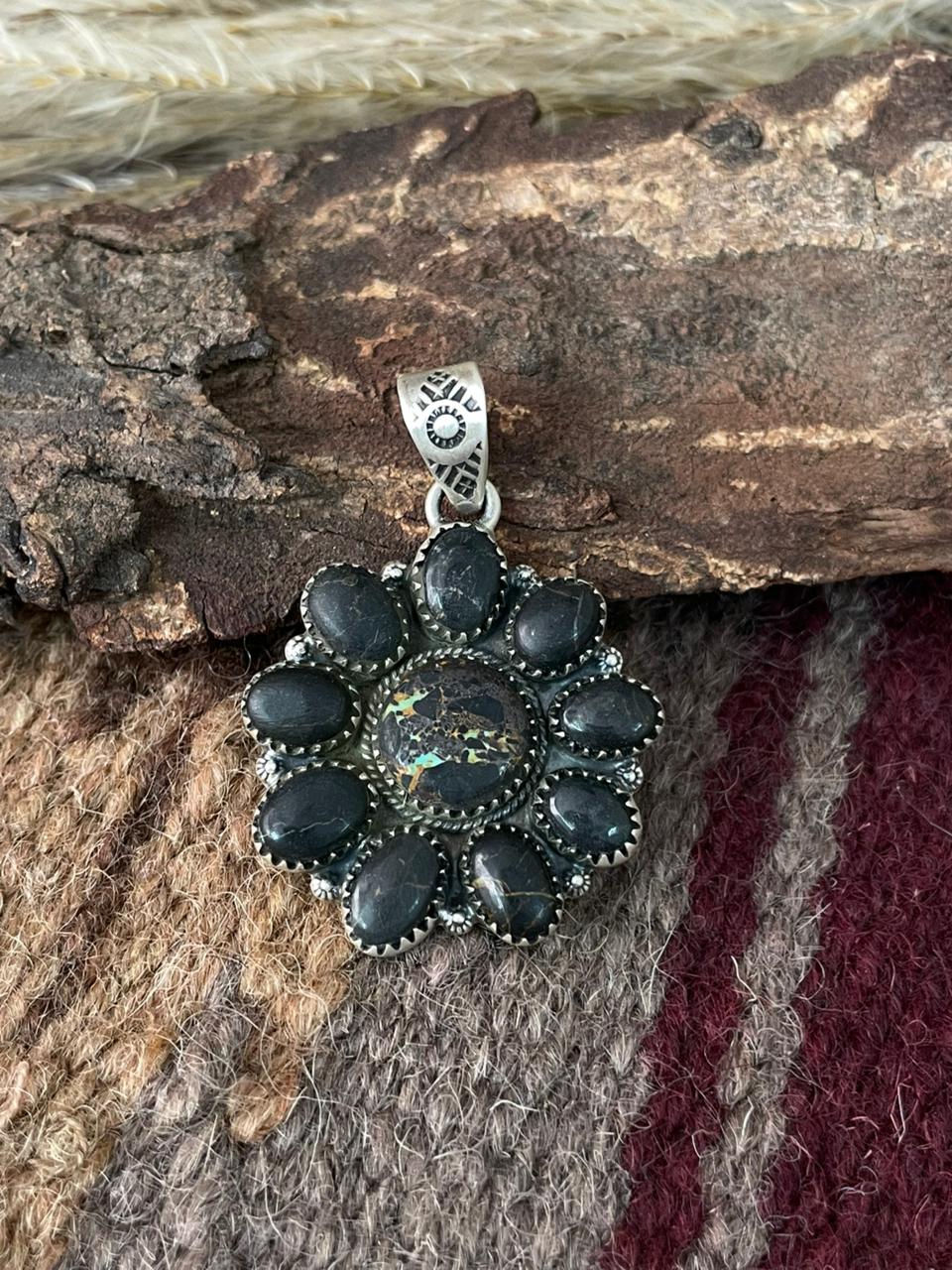 Handmade Sterling Silver Blackjack Turquoise Pendant "Signed Nizhoni"