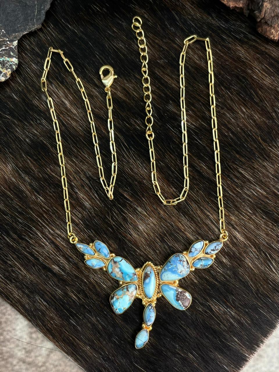 “The Golden Collection” Handmade Natural Golden Hills Turquoise Dragonfly Necklace