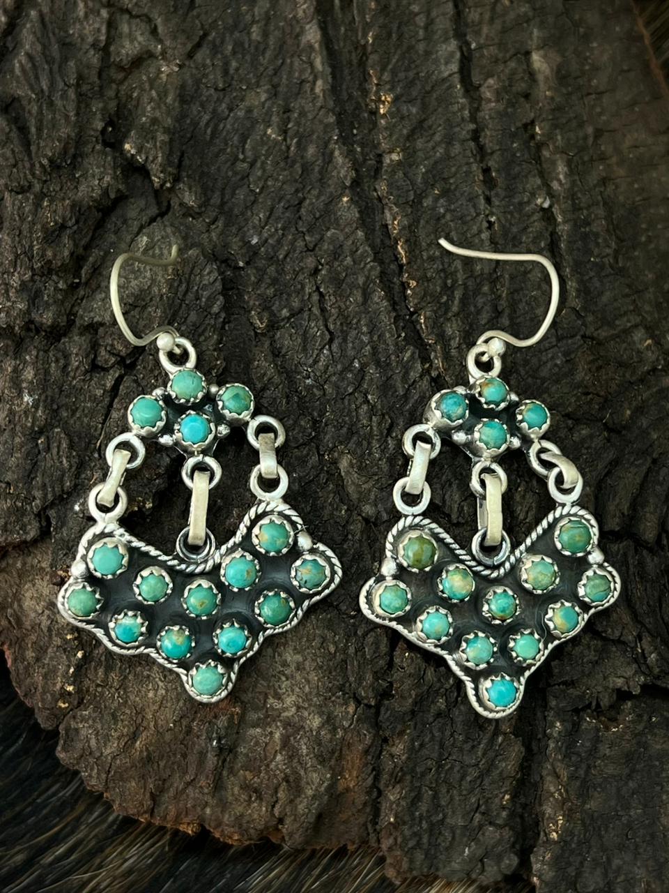 Handmade Sterling Silver Kingman Turquoise Hook Dangle Earrings "Signed Nizhoni"