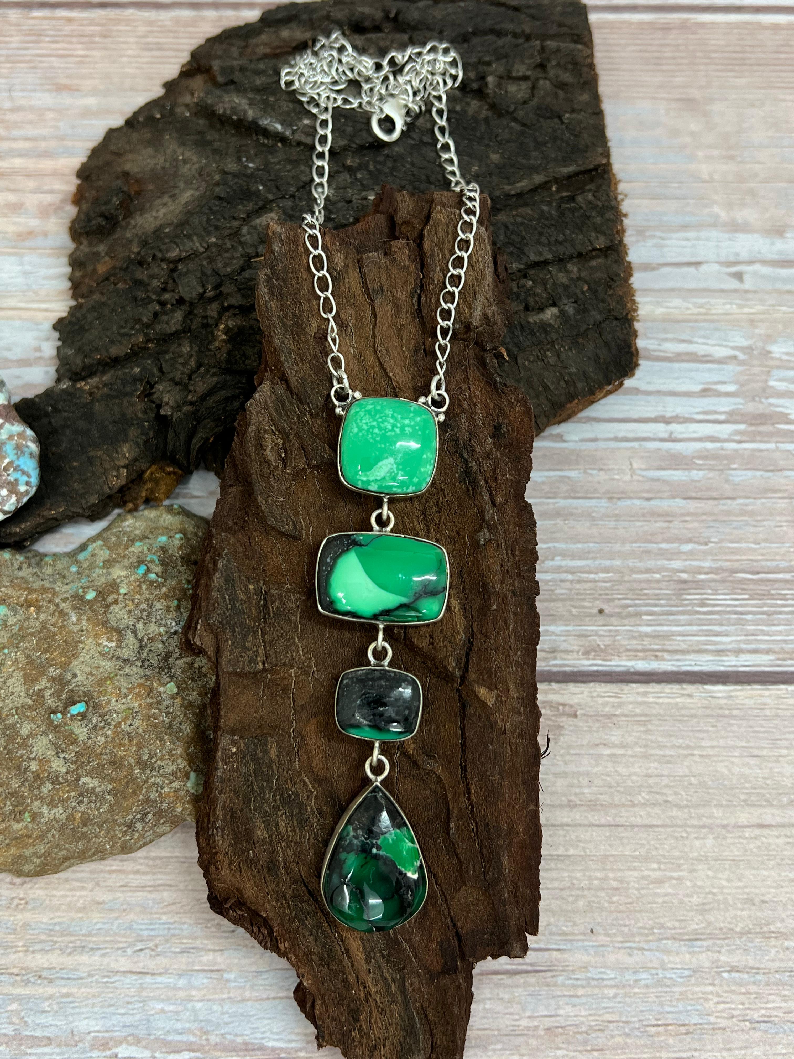 Handmade Sterling Silver Emerald Rose Necklace with Signed Nizhoni