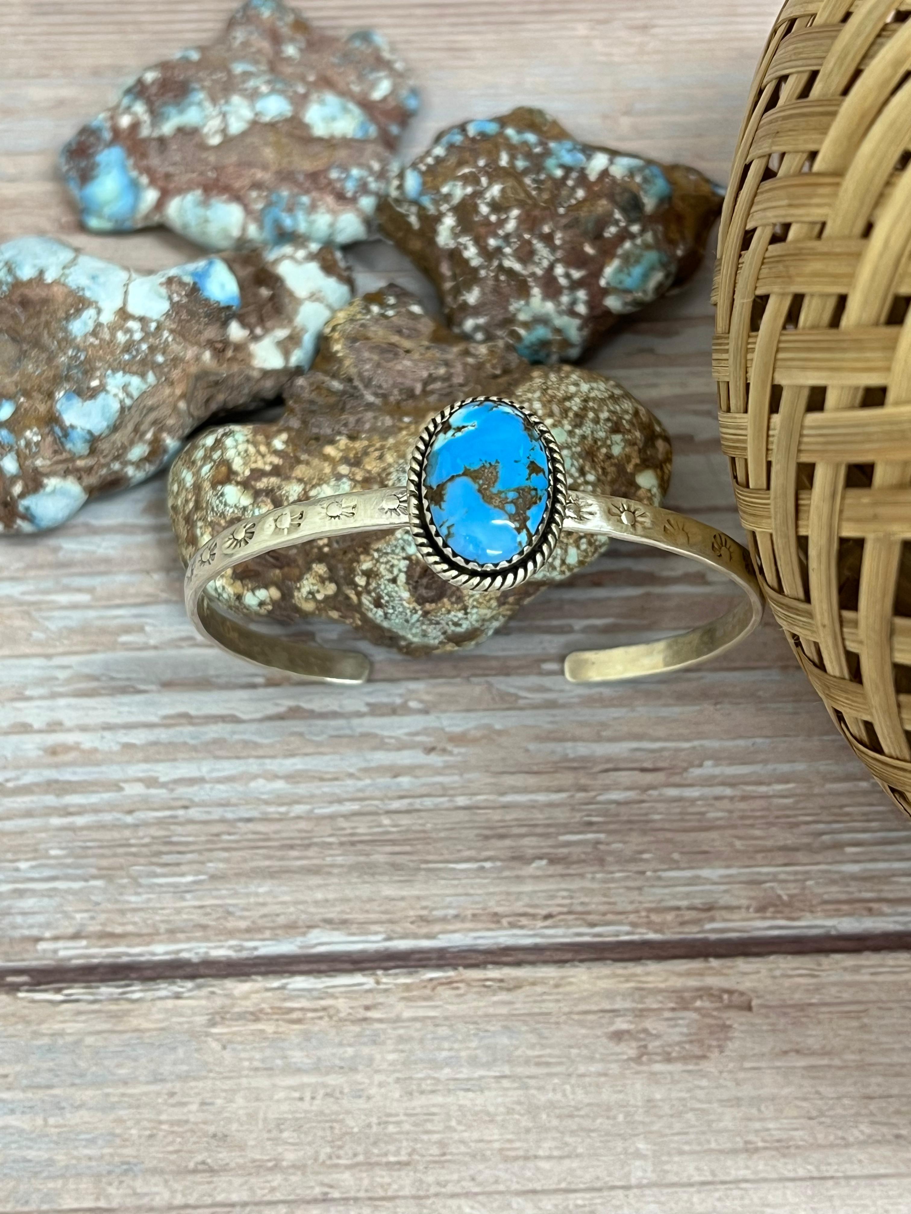 Handmade Sterling Silver Golden Hills Turquoise Cuff Bracelet with Signed Nizhoni