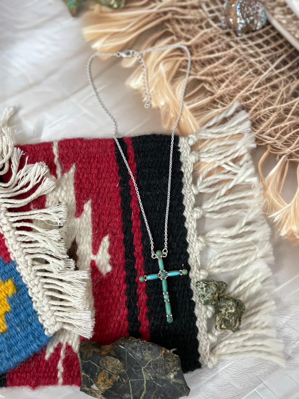 Handmade Sterling Silver Kingman Turquoise Cross Necklace "Signed Nizhoni"