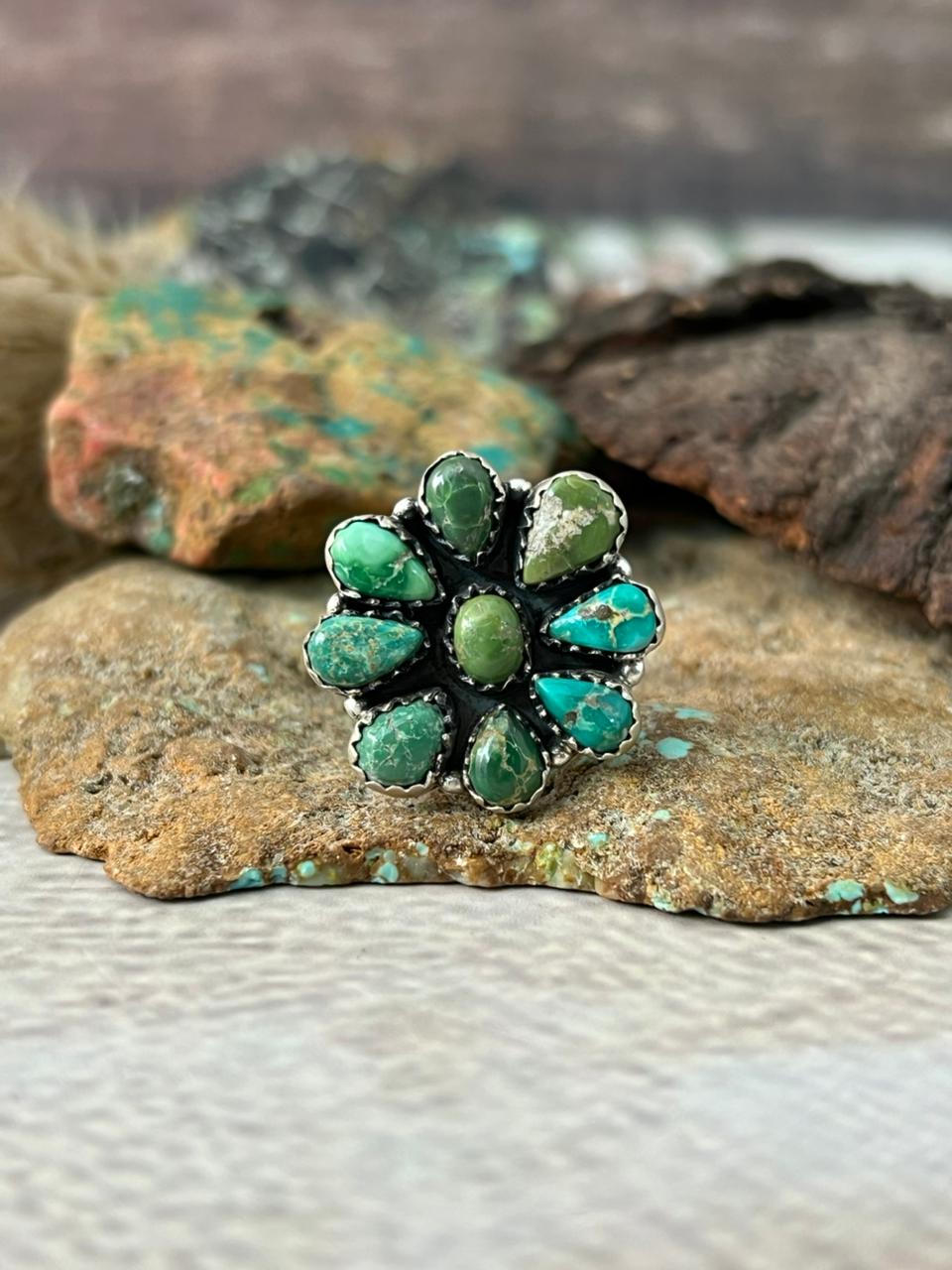 Handmade Sterling Silver Emerald Valley Turquoise Adjustable Ring "Signed Nizhoni"