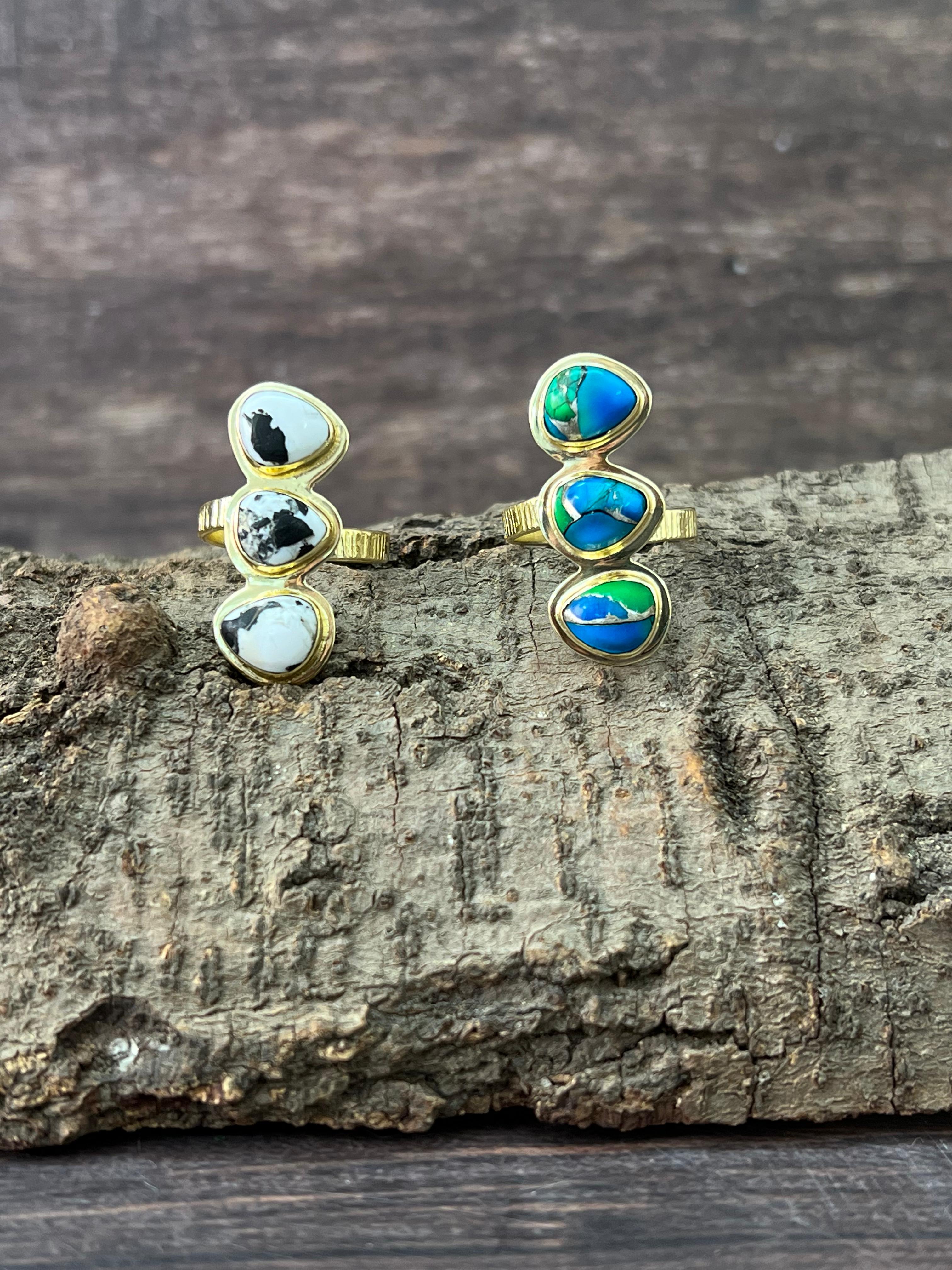 “The Golden Collection” Natural White Buffalo, Peacock Dahlia Adjustable Ring