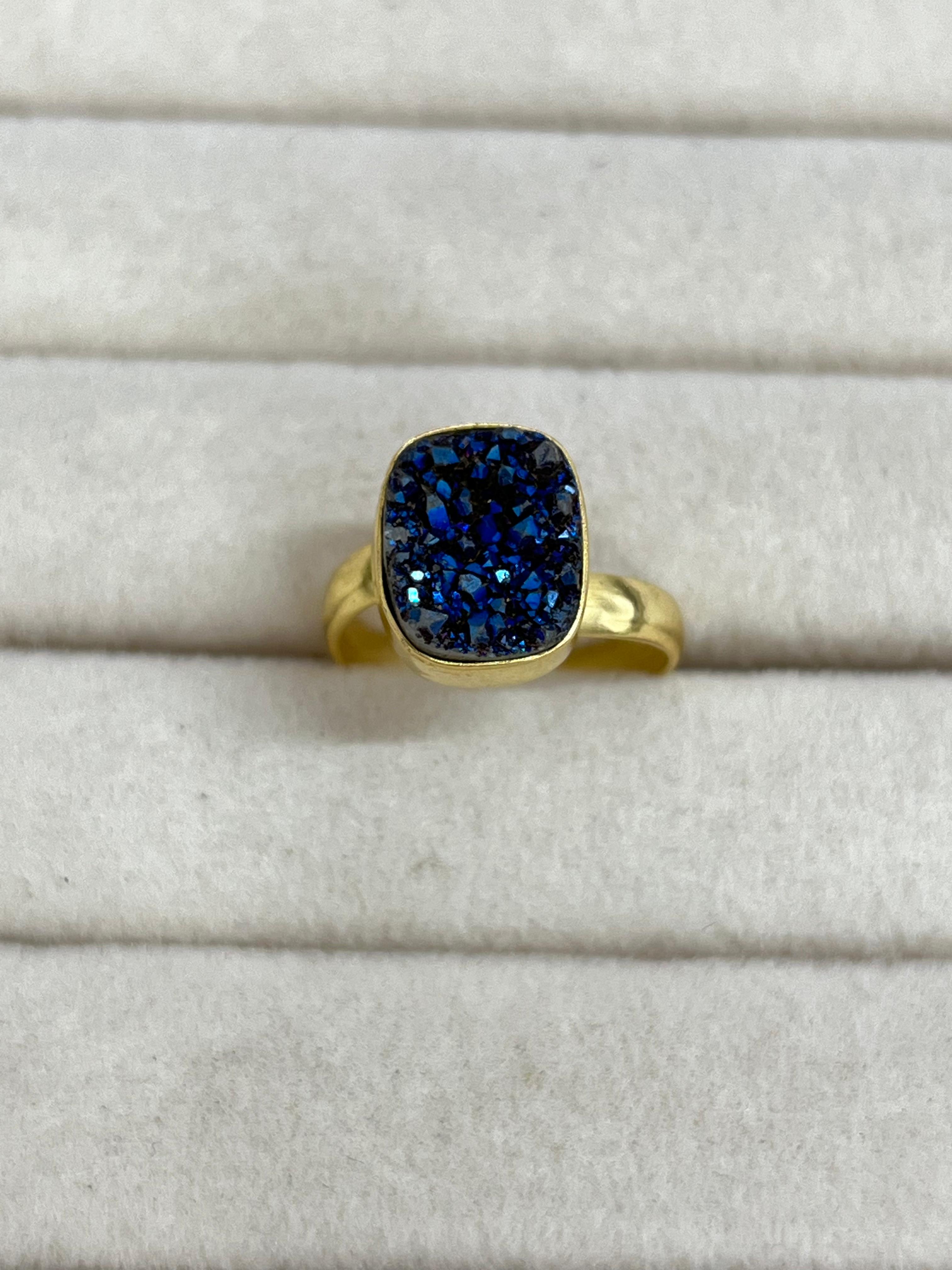 “The Boho Collection” Handmade Blue Druzy Adjustable Ring with Signed Nizhoni