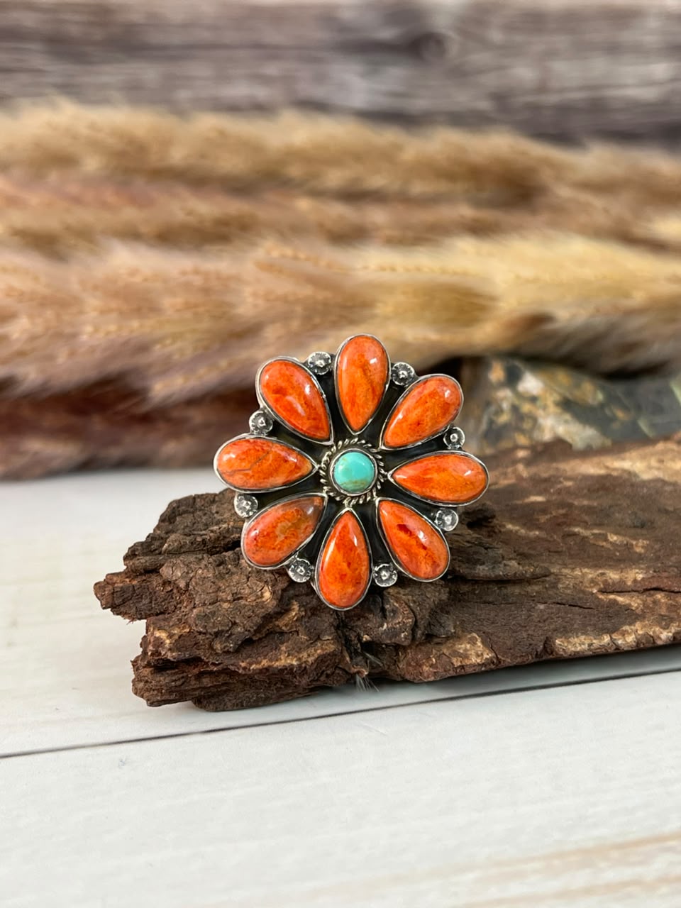 Handmade Sterling Silver Orange Mojave with Kingman Turquoise Adjustable Ring Signed Nizhoni