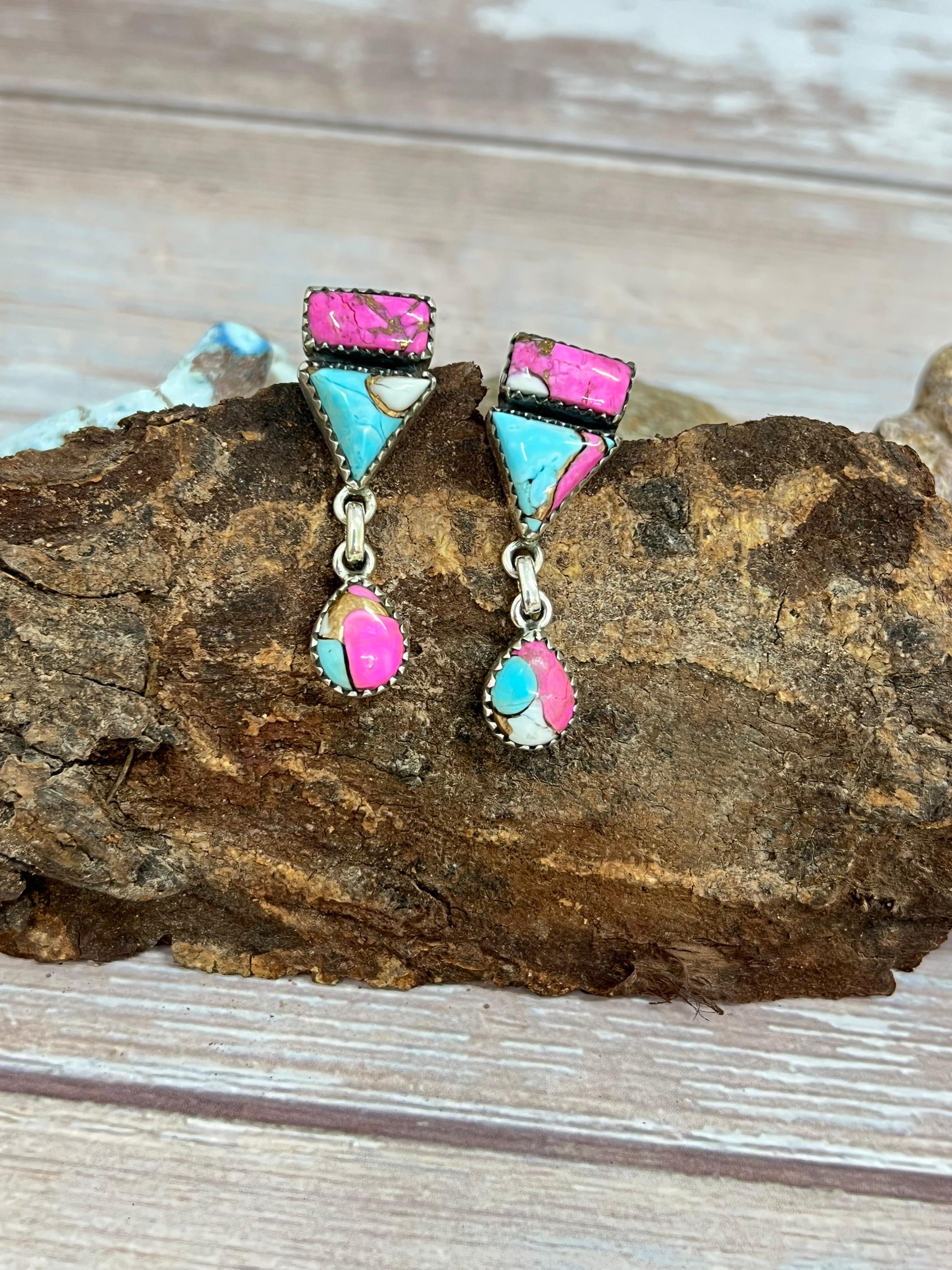 Handmade Sterling Silver Cotton Candy Turquoise Dangle Earrings with Signed Nizhoni