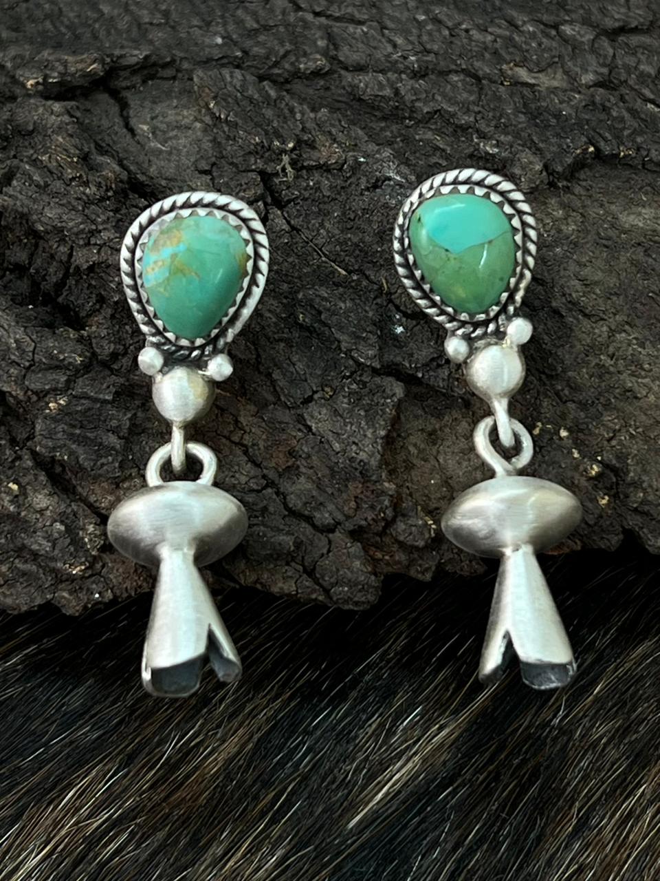 Handmade Sterling Silver Kingman Turquoise Post Dangle Earrings "Signed Nizhoni"